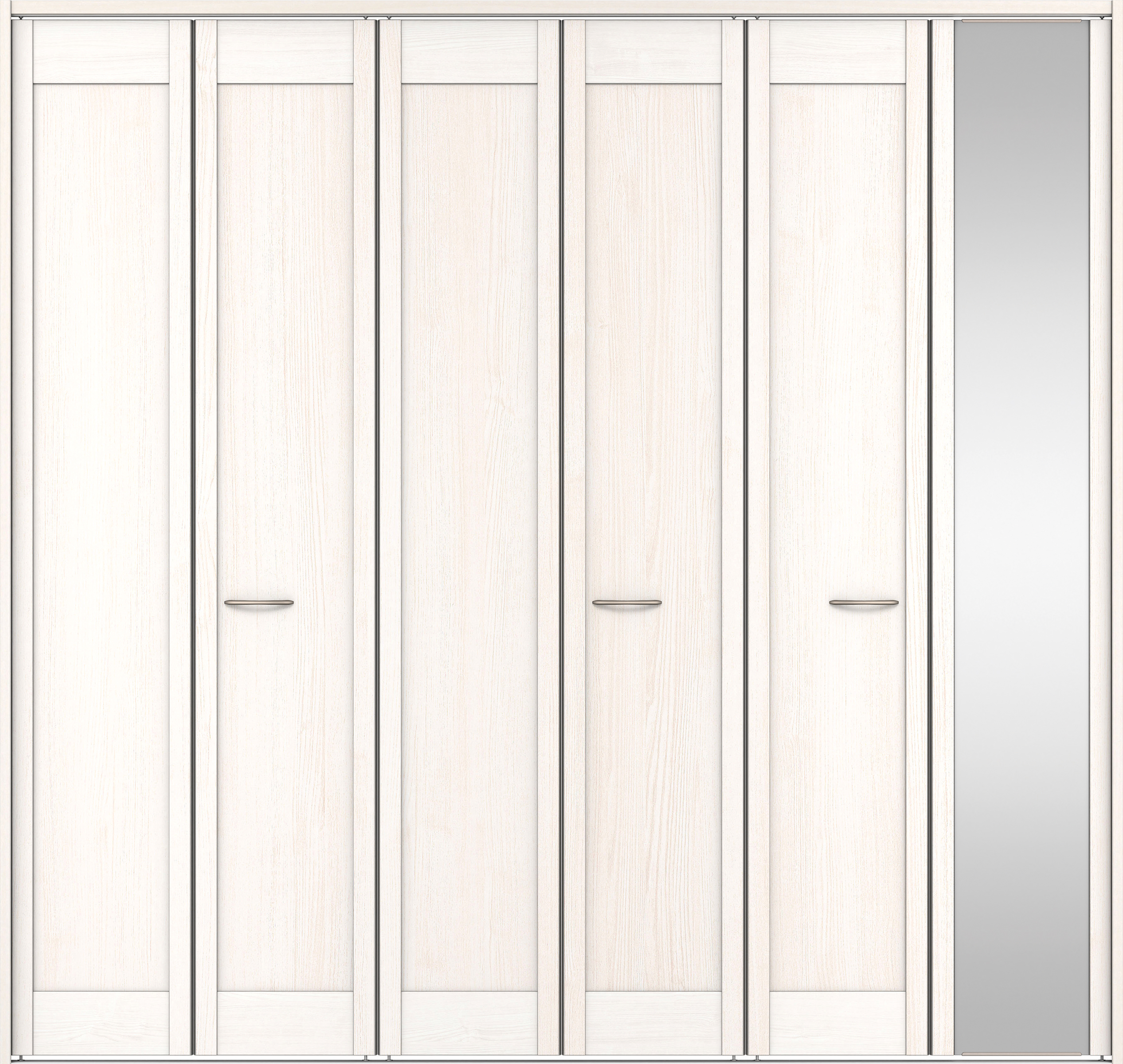 クローク収納　イエリア　折戸ユニット　カマチタイプ　ミラー扉　下レール付三方枠（固定枠）　セット　２４５０幅（９尺間口）　２３２０高　〈ネオホワイト柄〉　ハンドルラウンド型〈Ｔシルバー色〉