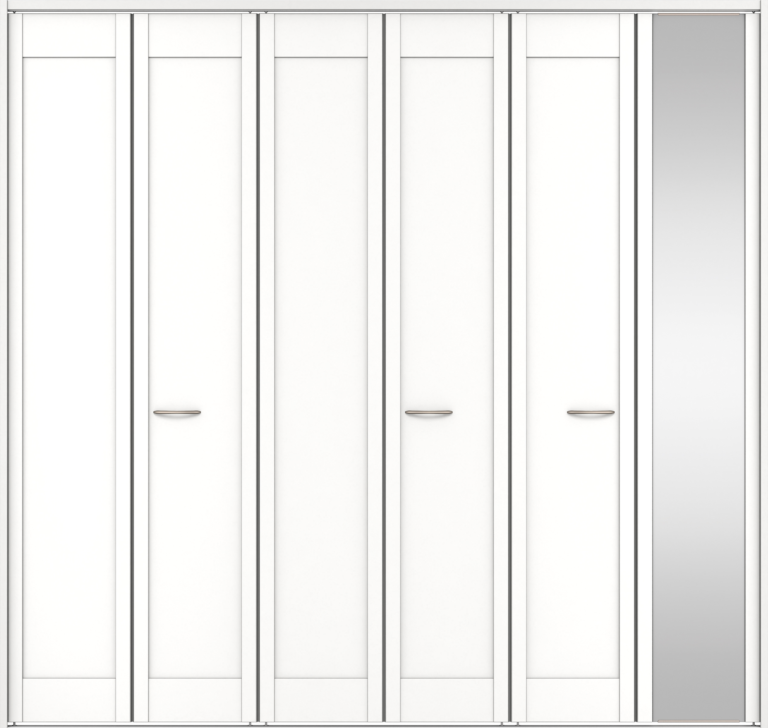 クローク収納　イエリア　折戸ユニット　カマチタイプ　ミラー扉　下レール付三方枠（固定枠）　セット　２４５０幅（９尺間口）　２３２０高　〈パウダーホワイト柄〉　ハンドルラウンド型〈Ｔシルバー色〉