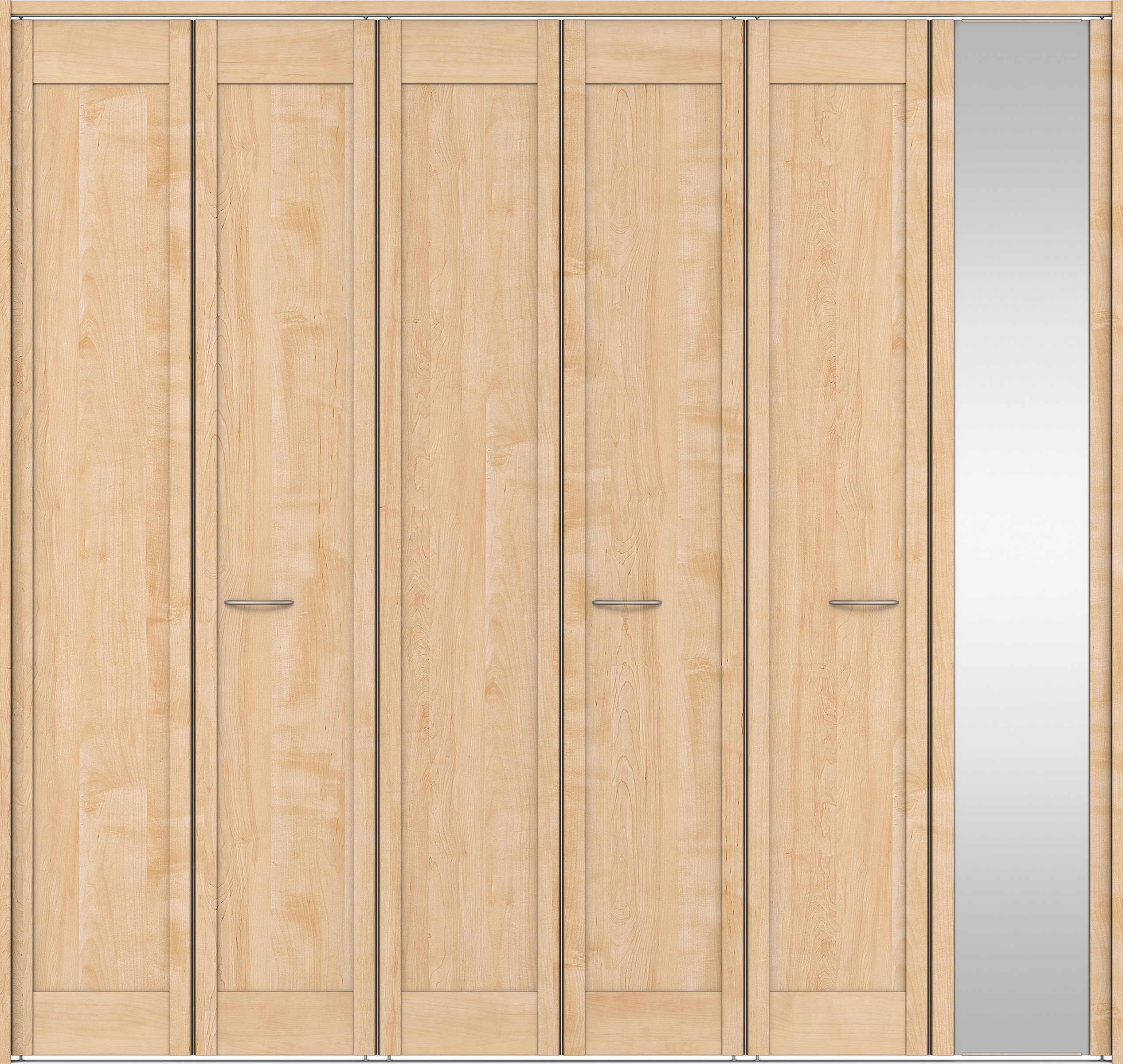 クローク収納　イエリア　折戸ユニット　カマチタイプ　ミラー扉　下レール付三方枠（固定枠）　セット　２４５０幅（９尺間口）　２３２０高　〈ミルベージュ柄〉　ハンドルラウンド型〈Ｔシルバー色〉