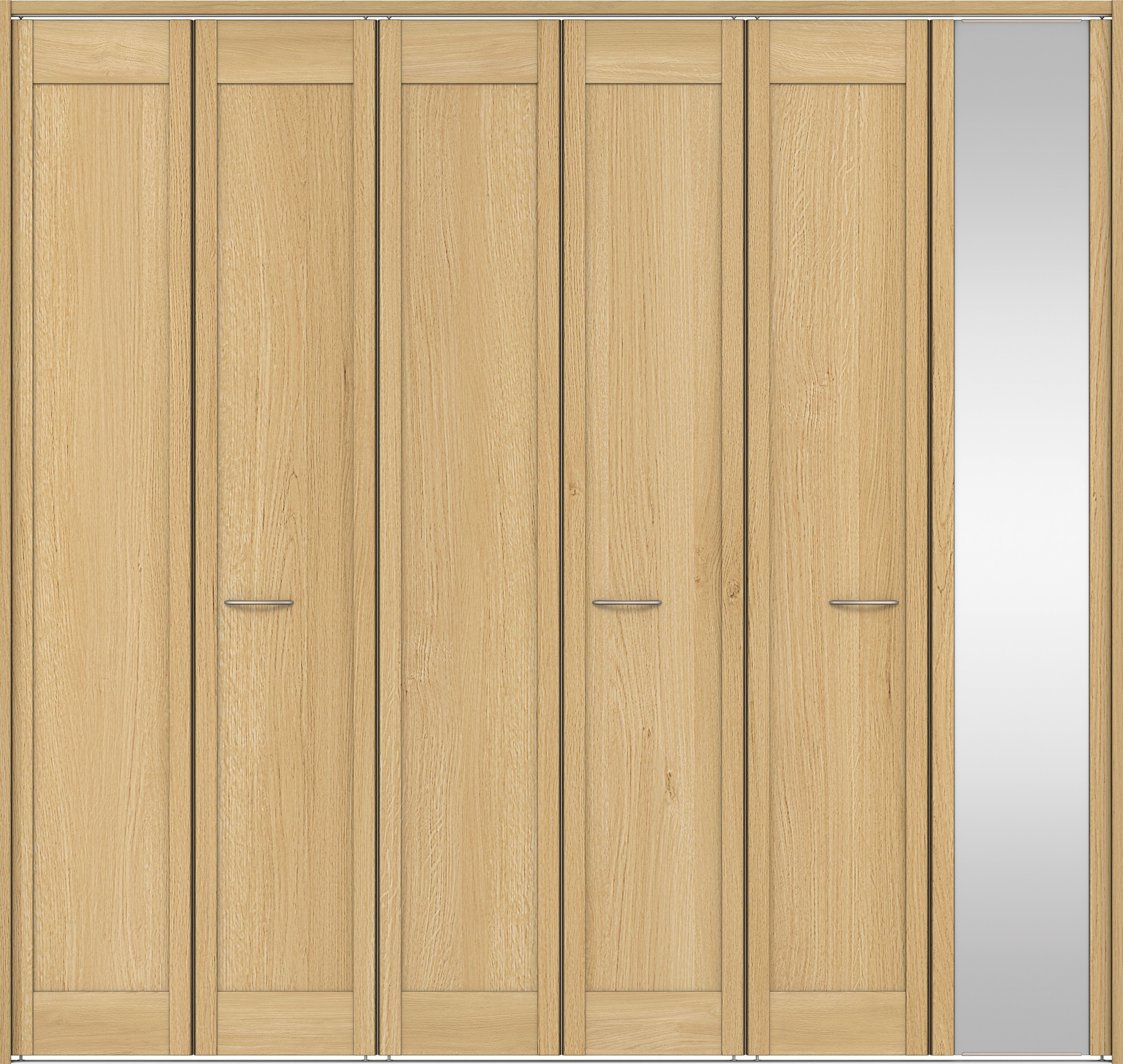 クローク収納　イエリア　折戸ユニット　カマチタイプ　ミラー扉　下レール付三方枠（固定枠）　セット　２４５０幅（９尺間口）　２３２０高　〈ライトオーカー柄〉　ハンドルラウンド型〈Ｔシルバー色〉