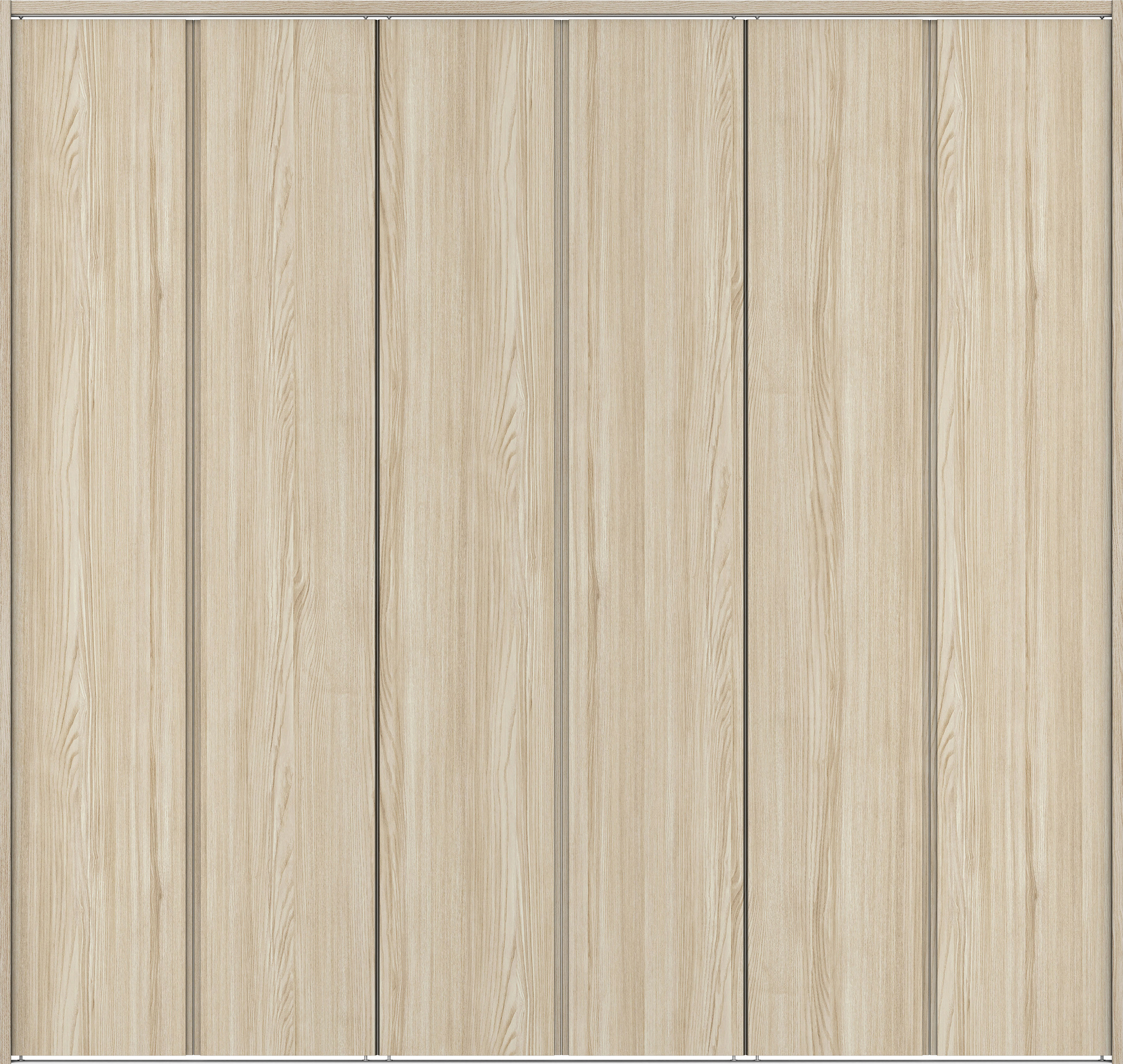 クローク収納　イエリア　折戸ユニット　ハンドルレス縦木目タイプ　ウッド扉　下レール付三方枠（固定枠）　セット　２４５０幅（９尺間口）　２３２０高　〈ソフトグレージュ柄〉　ハンドルレス