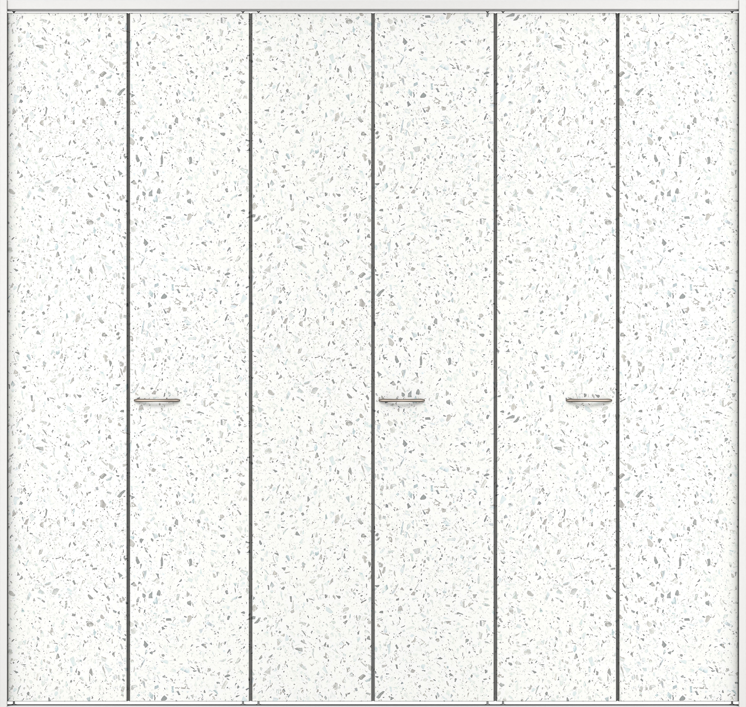 クローク収納　イエリア　折戸ユニット　フラット　パネル扉　下レール付三方枠（固定枠）　セット　２４５０幅（９尺間口）　２３２０高　〈テラゾホワイト柄〉　ハンドルラウンド型〈サテンニッケル仕上げ〉