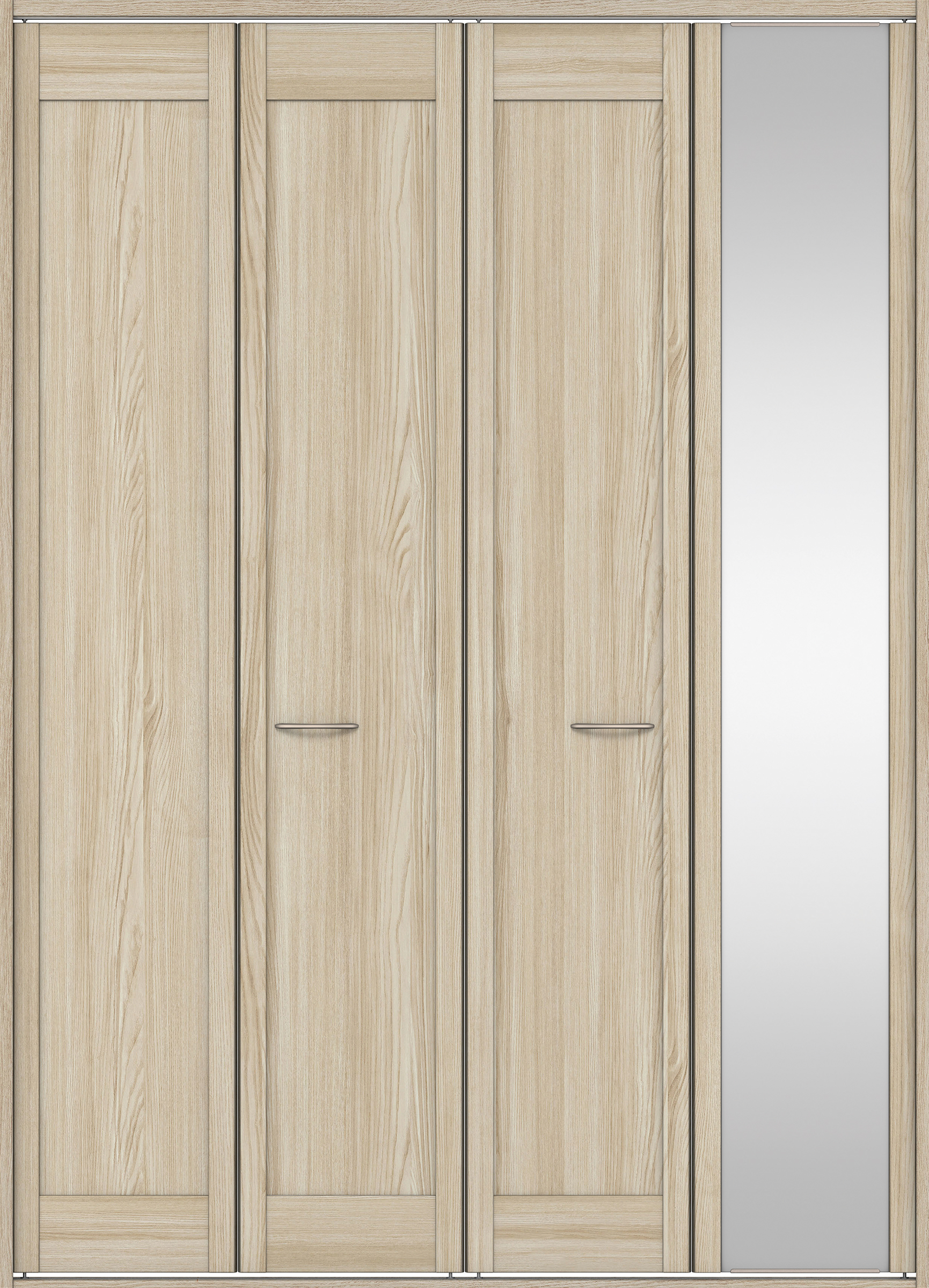 クローク収納　イエリア　折戸ユニット　カマチタイプ　ミラー扉　四方枠（固定枠）　セット　１６８０幅（６尺間口）　２３３０高　〈ソフトグレージュ柄〉　ハンドルラウンド型〈Ｔシルバー色〉