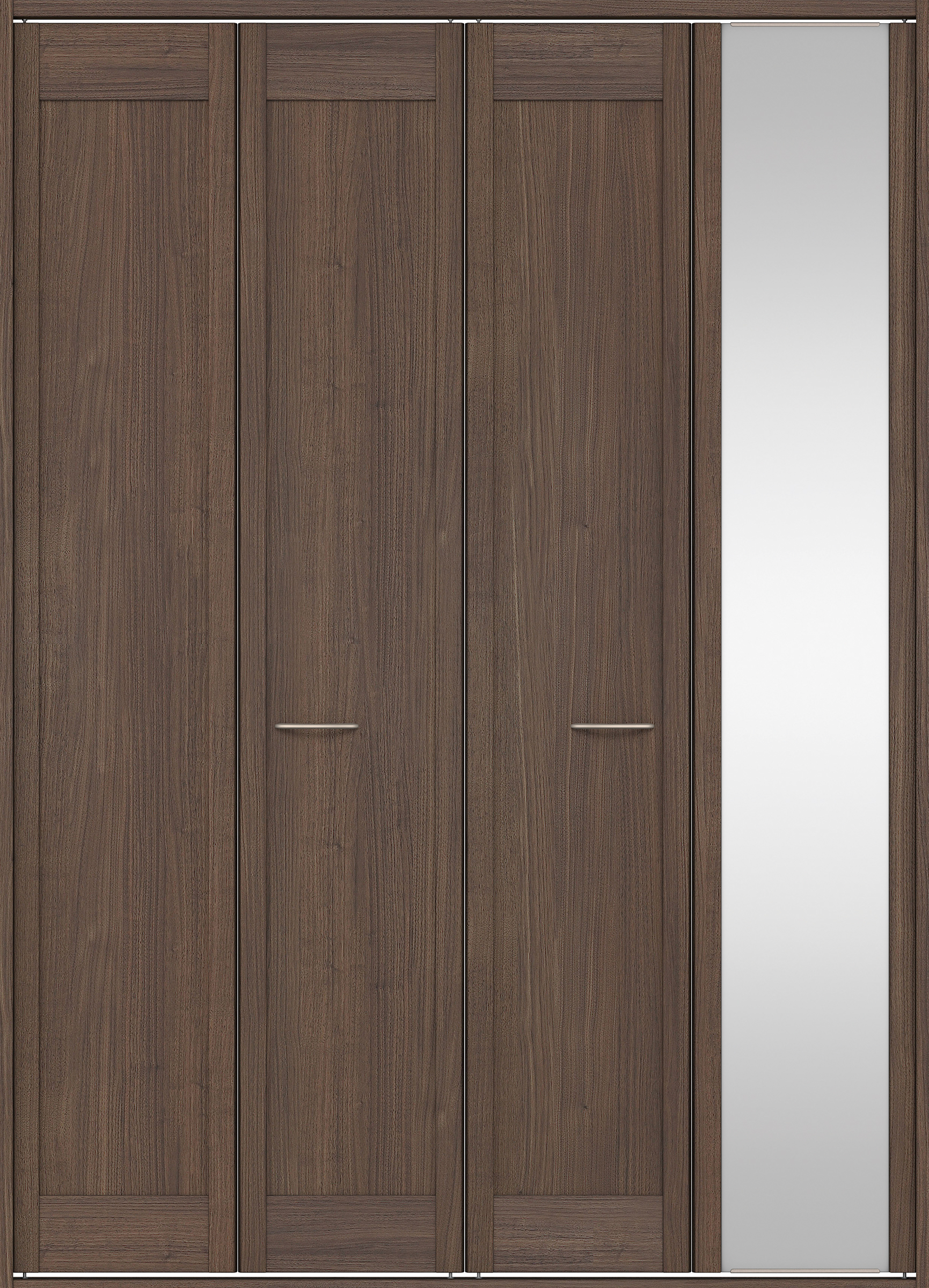 クローク収納　イエリア　折戸ユニット　カマチタイプ　ミラー扉　四方枠（固定枠）　セット　１６８０幅（６尺間口）　２３３０高　〈ダルブラウン柄〉　ハンドルラウンド型〈Ｔシルバー色〉