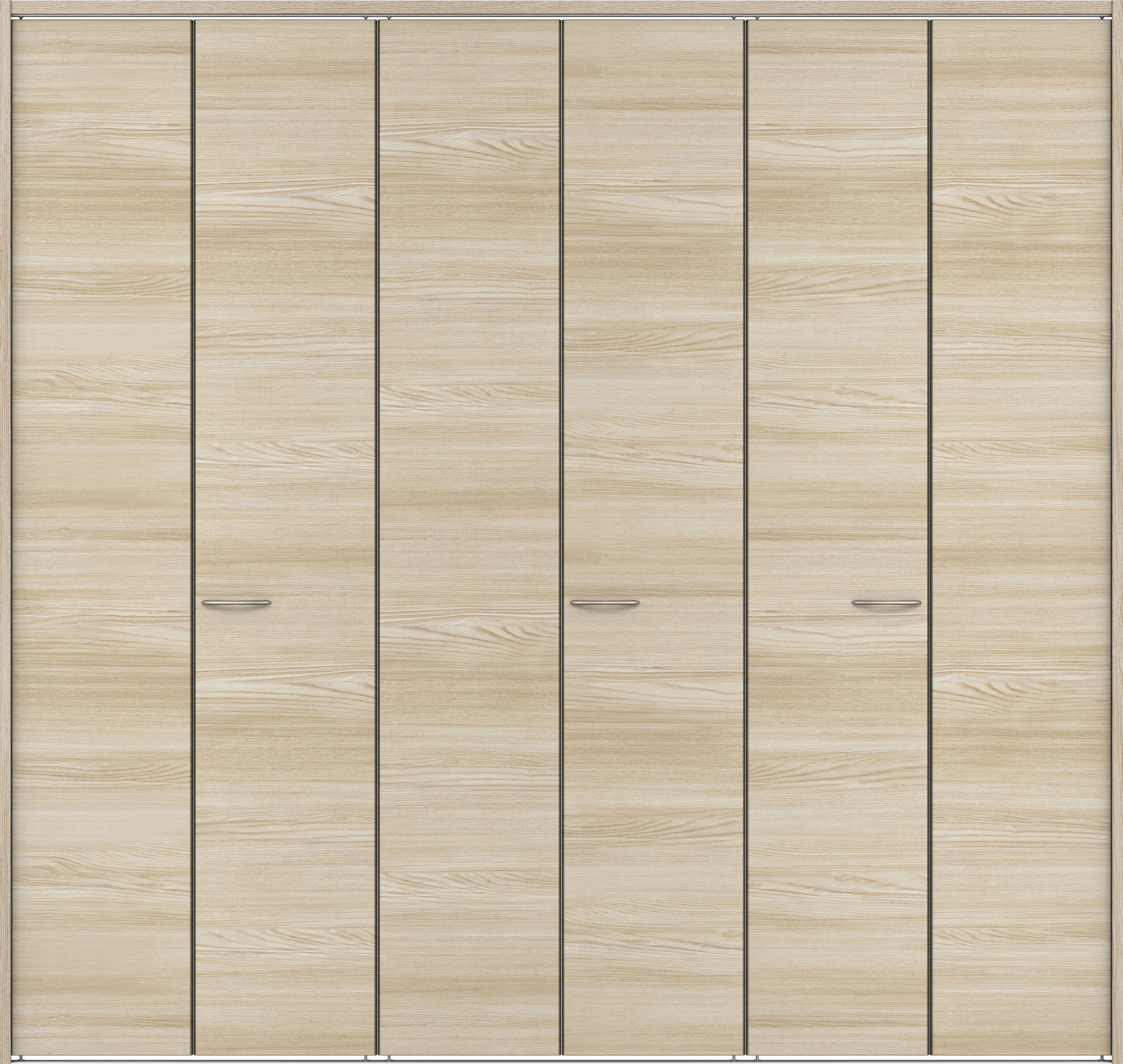 クローク収納　イエリア　折戸ユニット　フラット横木目タイプ　ウッド扉　下レール付三方枠（固定枠）　セット　２４５０幅（９尺間口）　２３２０高　〈ソフトグレージュ柄〉　ハンドルラウンド型〈Ｔシルバー色〉