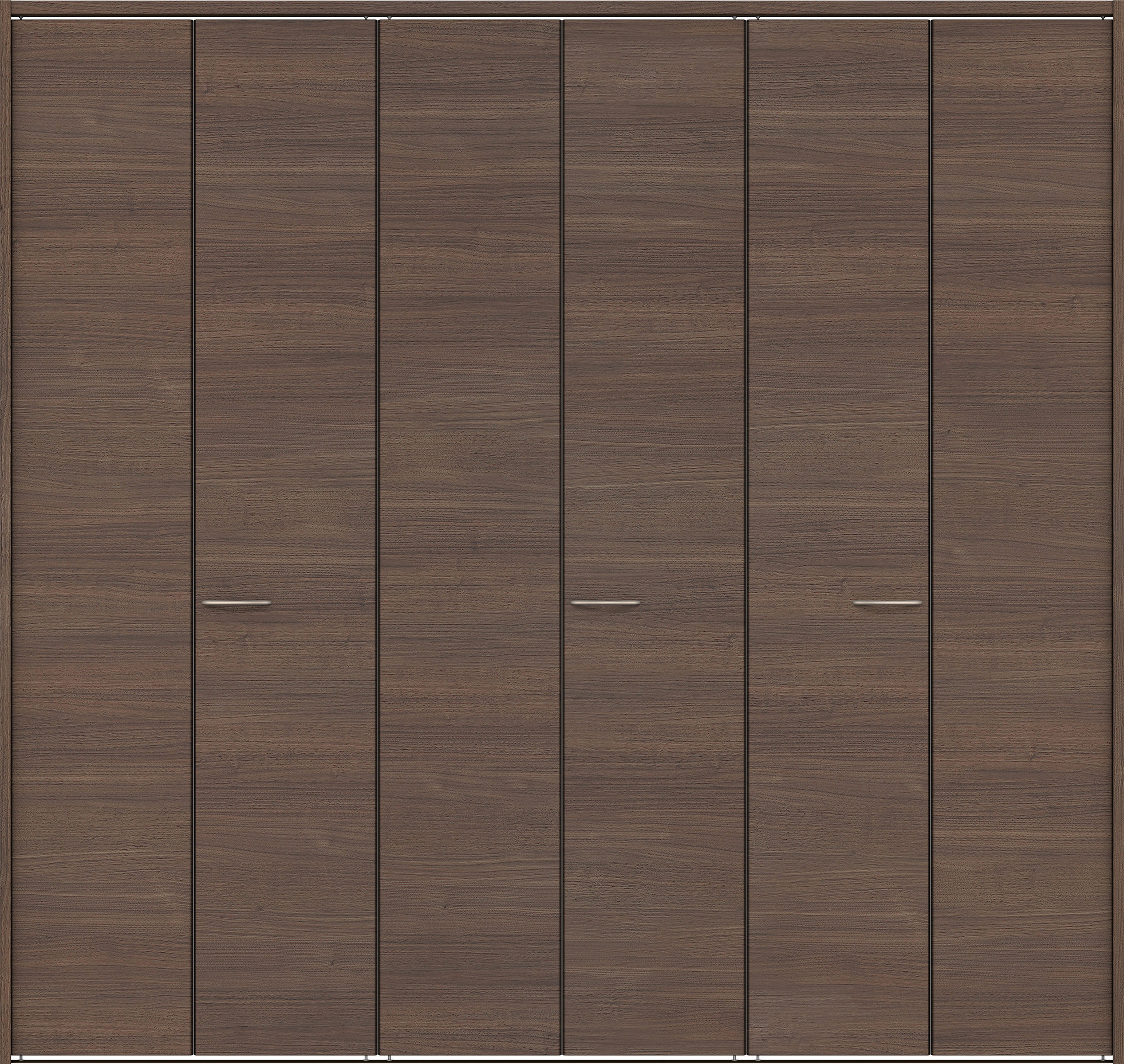 クローク収納　イエリア　折戸ユニット　フラット横木目タイプ　ウッド扉　下レール付三方枠（固定枠）　セット　２４５０幅（９尺間口）　２３２０高　〈ダルブラウン柄〉　ハンドルラウンド型〈Ｔシルバー色〉