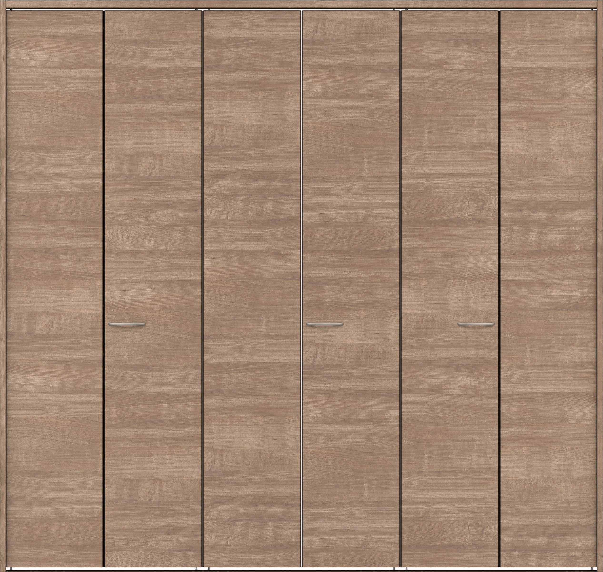 クローク収納　イエリア　折戸ユニット　フラット横木目タイプ　ウッド扉　下レール付三方枠（固定枠）　セット　２４５０幅（９尺間口）　２３２０高　〈トープグレー柄〉　ハンドルラウンド型〈Ｔシルバー色〉