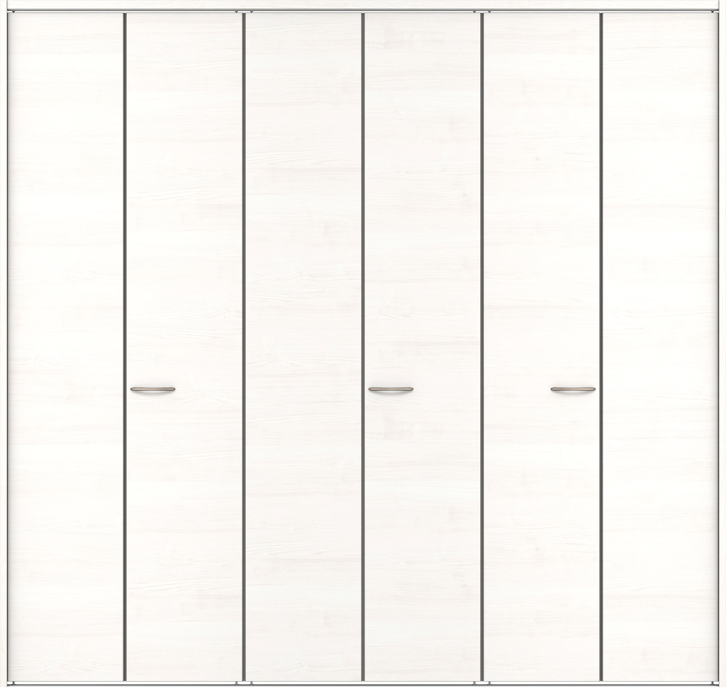 クローク収納　イエリア　折戸ユニット　フラット横木目タイプ　ウッド扉　下レール付三方枠（固定枠）　セット　２７１４幅（３Ｍ間口）　２３２０高　〈ネオホワイト柄〉　ハンドルラウンド型〈Ｔシルバー色〉