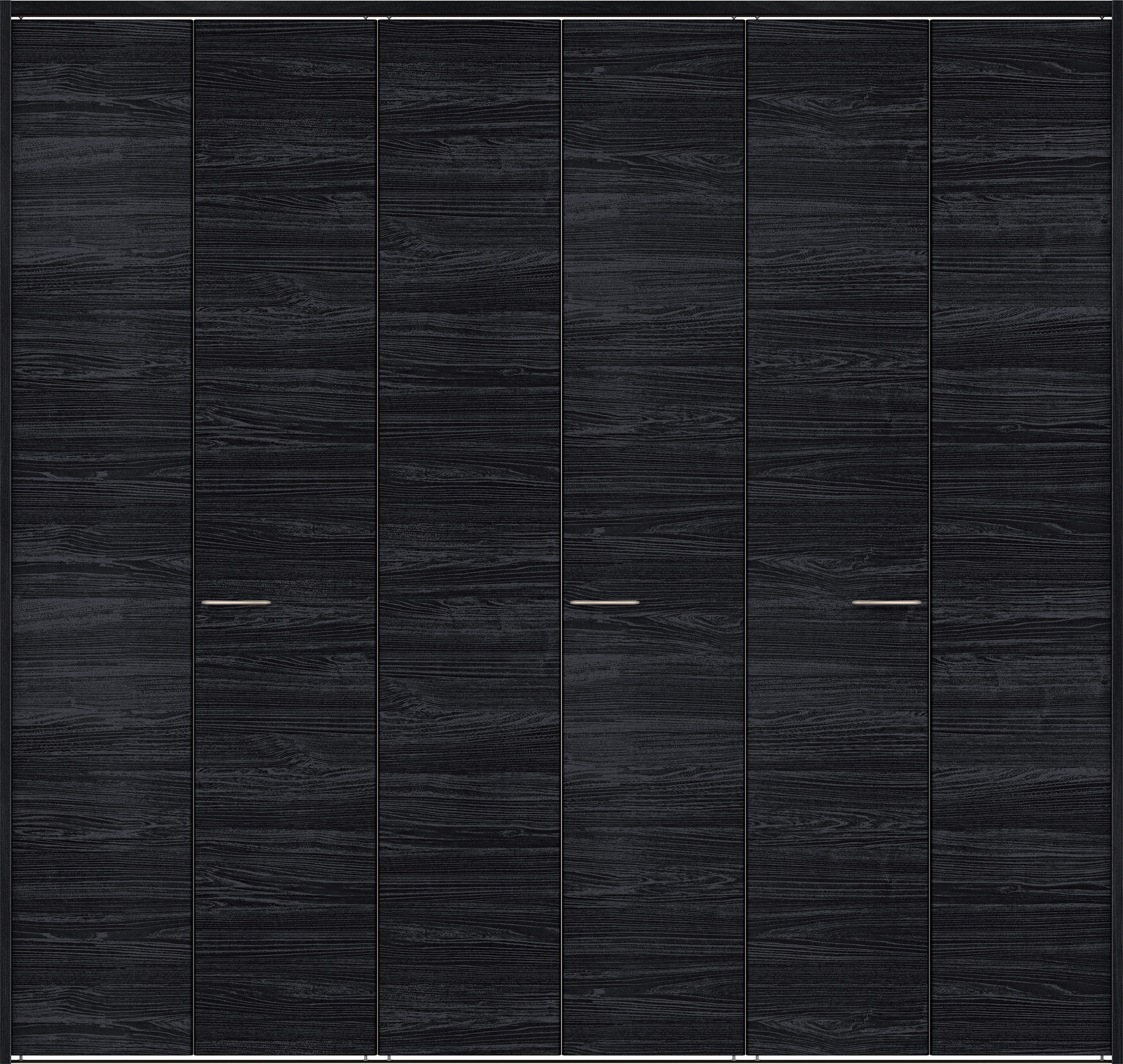 クローク収納　イエリア　折戸ユニット　フラット横木目タイプ　ウッド扉　下レール付三方枠（固定枠）　セット　２７１４幅（３Ｍ間口）　２３２０高　〈モスブラック柄〉　ハンドルラウンド型〈Ｔシルバー色〉