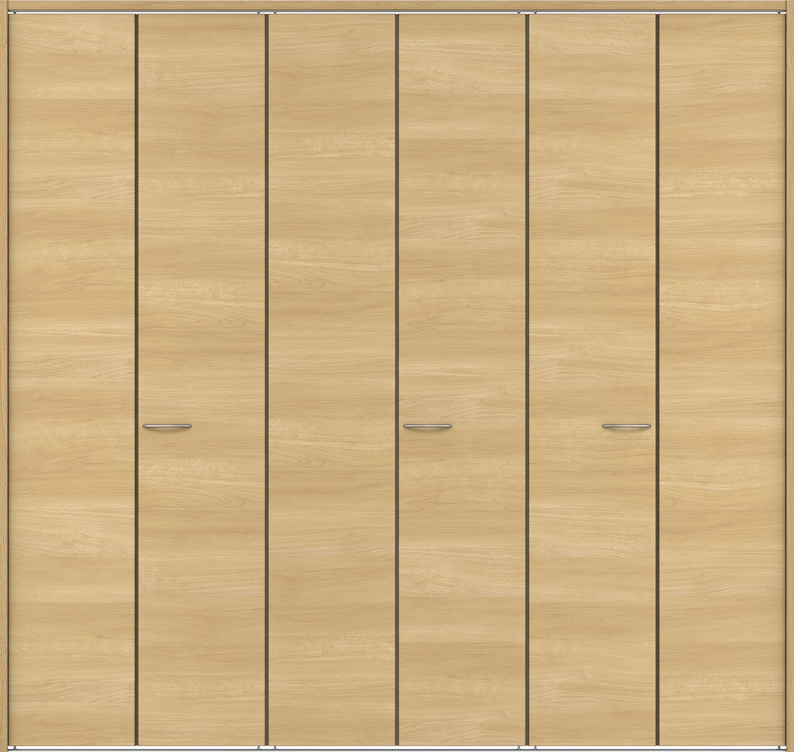 クローク収納　イエリア　折戸ユニット　フラット横木目タイプ　ウッド扉　下レール付三方枠（固定枠）　セット　２７１４幅（３Ｍ間口）　２３２０高　〈ライトオーカー柄〉　ハンドルラウンド型〈Ｔシルバー色〉