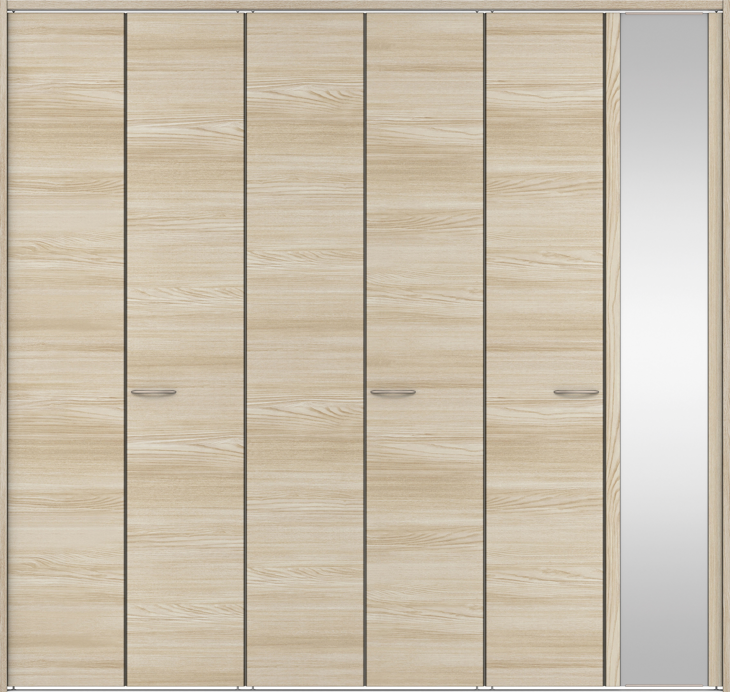 クローク収納　イエリア　折戸ユニット　フラット横木目タイプ　ミラー扉　下レール付三方枠（固定枠）　セット　２７１４幅（３Ｍ間口）　２３２０高　〈ソフトグレージュ柄〉　ハンドルラウンド型〈Ｔシルバー色〉