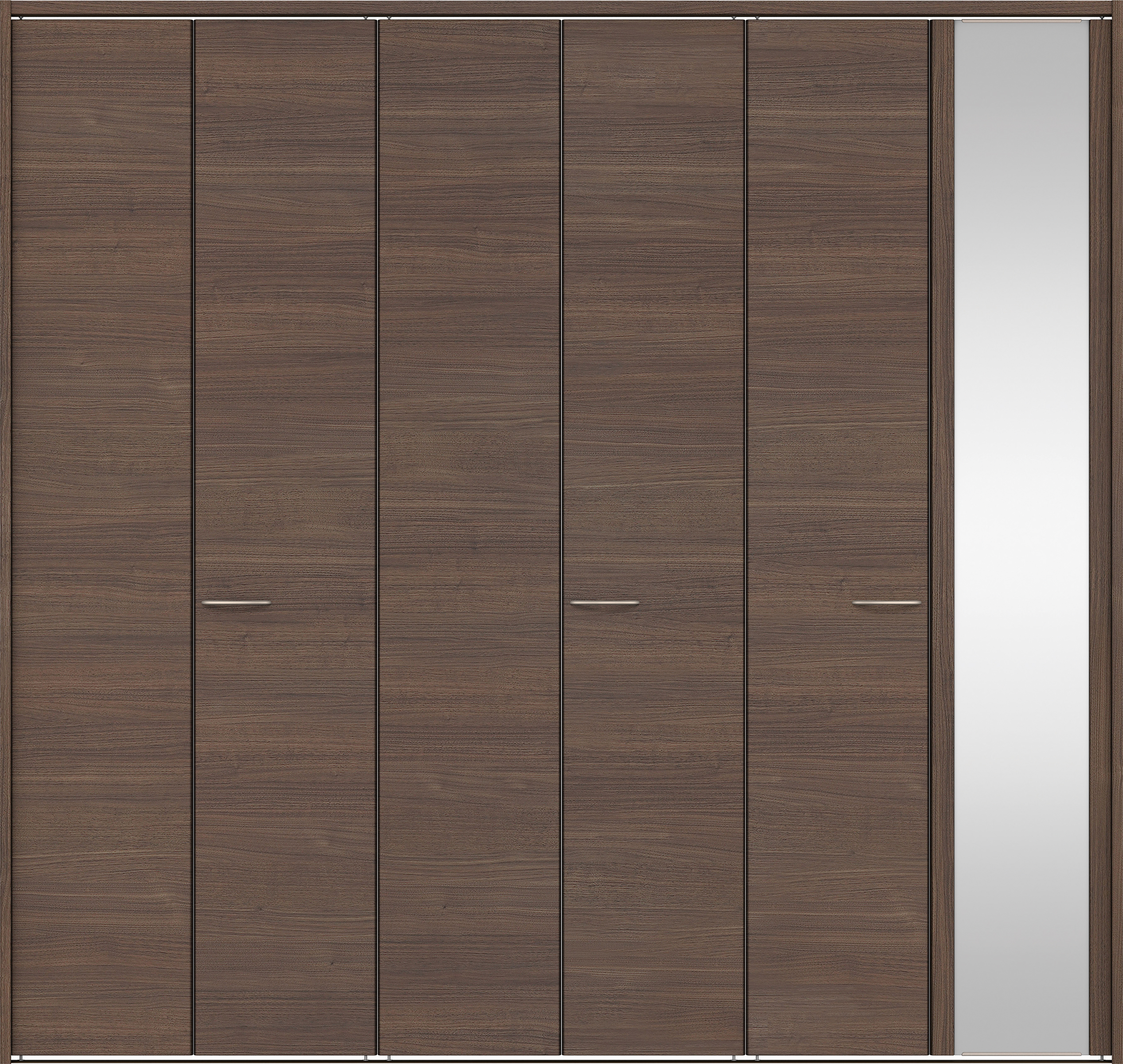クローク収納　イエリア　折戸ユニット　フラット横木目タイプ　ミラー扉　下レール付三方枠（固定枠）　セット　２７１４幅（３Ｍ間口）　２３２０高　〈ダルブラウン柄〉　ハンドルラウンド型〈Ｔシルバー色〉