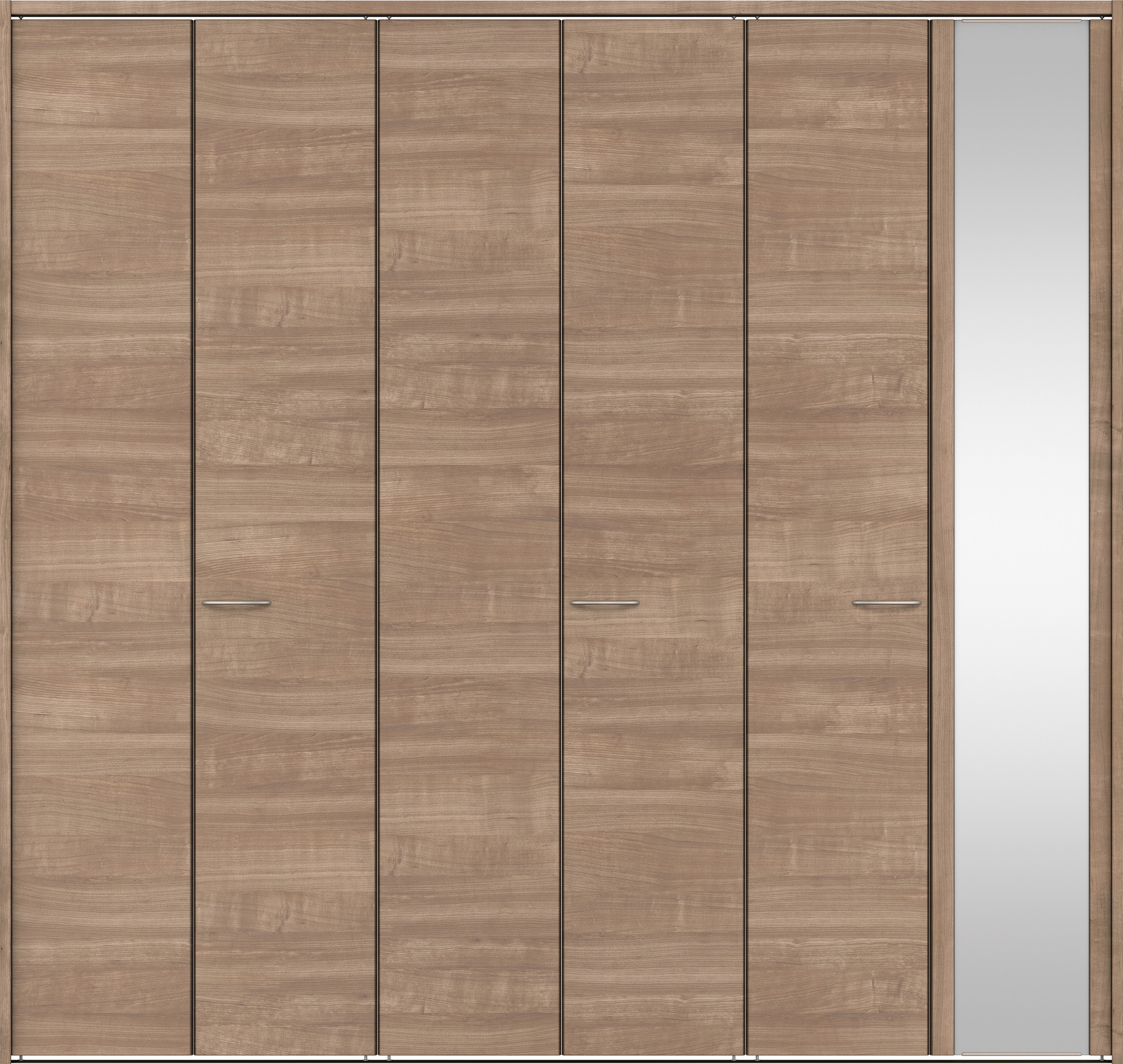 クローク収納　イエリア　折戸ユニット　フラット横木目タイプ　ミラー扉　下レール付三方枠（固定枠）　セット　２７１４幅（３Ｍ間口）　２３２０高　〈トープグレー柄〉　ハンドルラウンド型〈Ｔシルバー色〉