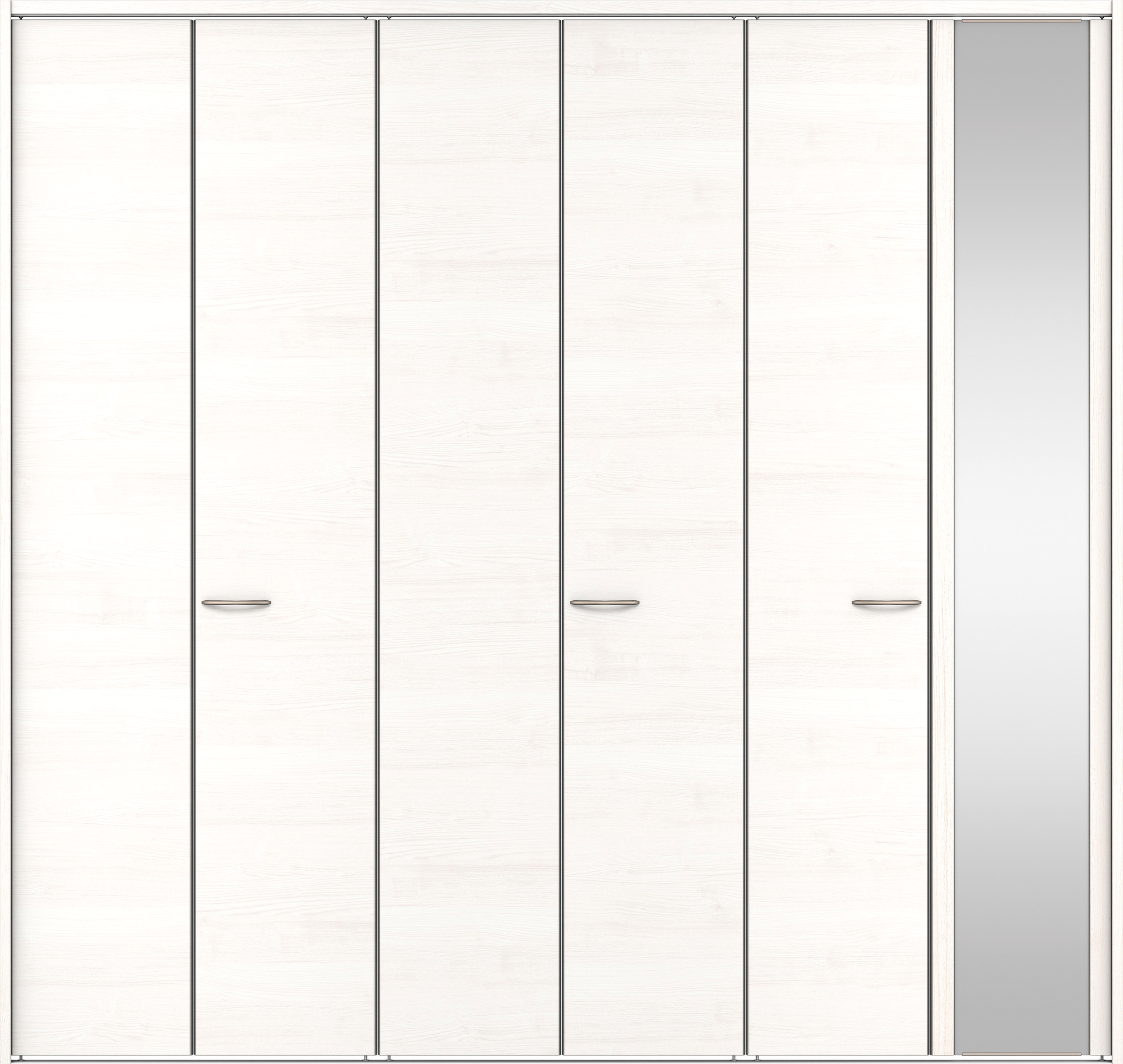 クローク収納　イエリア　折戸ユニット　フラット横木目タイプ　ミラー扉　下レール付三方枠（固定枠）　セット　２７１４幅（３Ｍ間口）　２３２０高　〈ネオホワイト柄〉　ハンドルラウンド型〈Ｔシルバー色〉