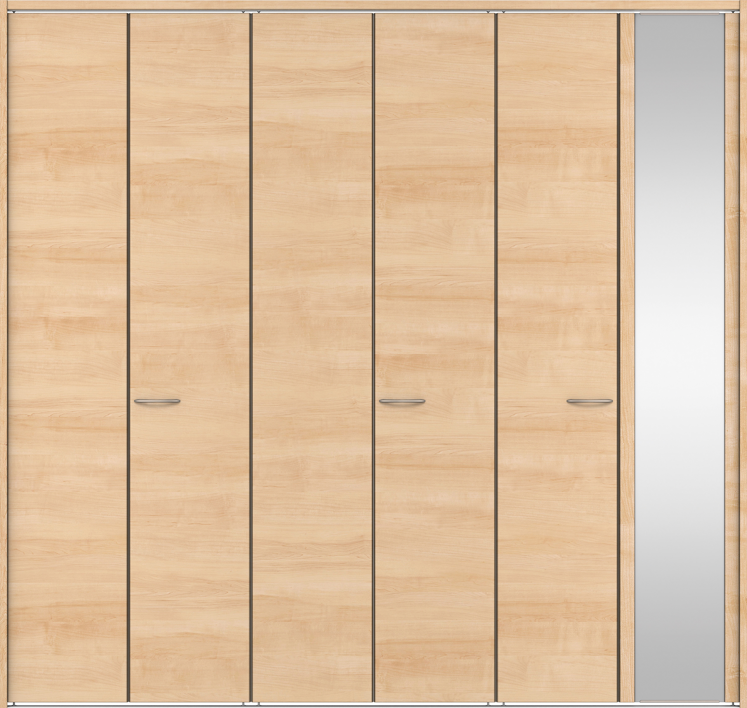 クローク収納　イエリア　折戸ユニット　フラット横木目タイプ　ミラー扉　下レール付三方枠（固定枠）　セット　２７１４幅（３Ｍ間口）　２３２０高　〈ミルベージュ柄〉　ハンドルラウンド型〈Ｔシルバー色〉