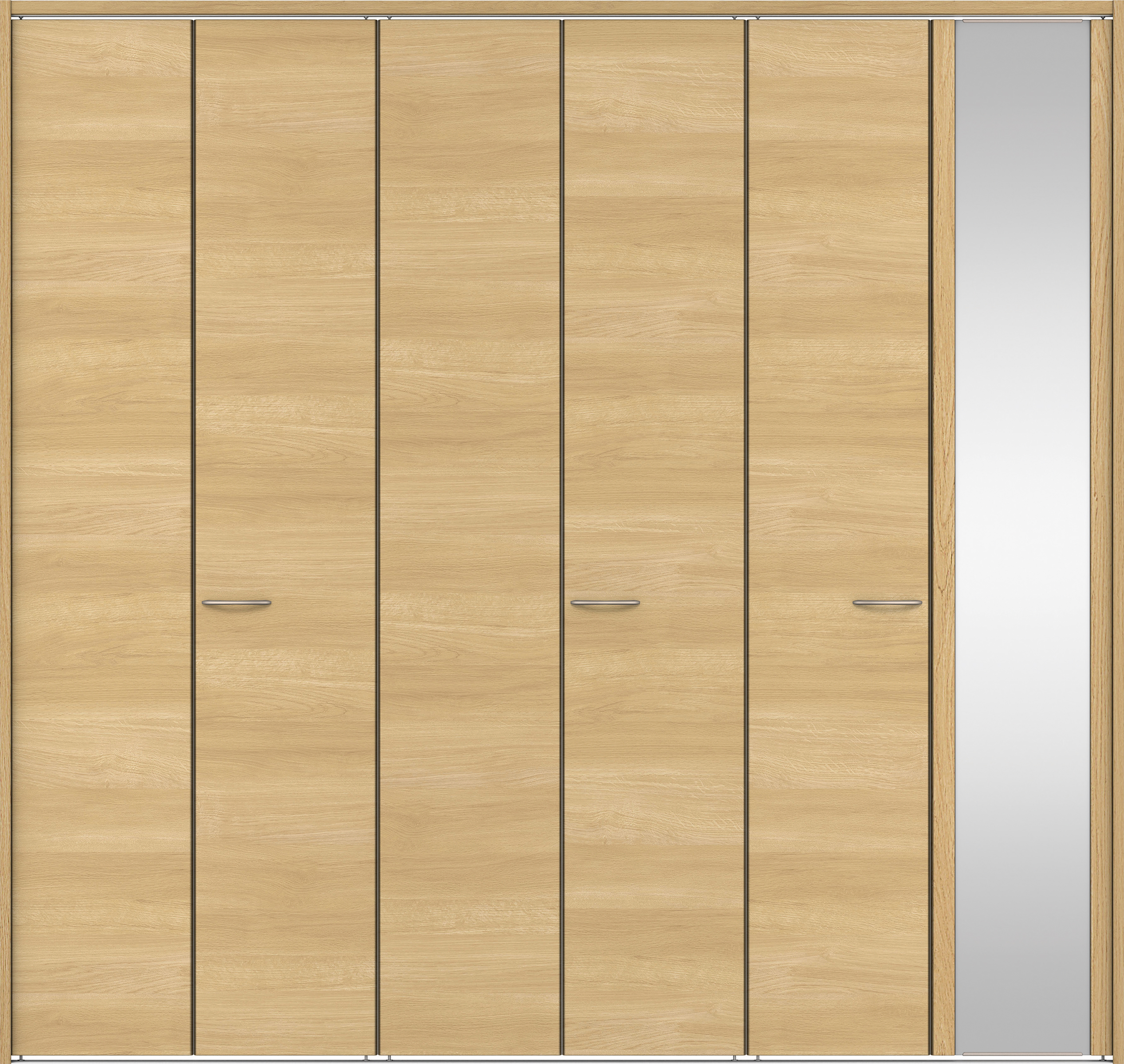 クローク収納　イエリア　折戸ユニット　フラット横木目タイプ　ミラー扉　下レール付三方枠（固定枠）　セット　２７１４幅（３Ｍ間口）　２３２０高　〈ライトオーカー柄〉　ハンドルラウンド型〈Ｔシルバー色〉
