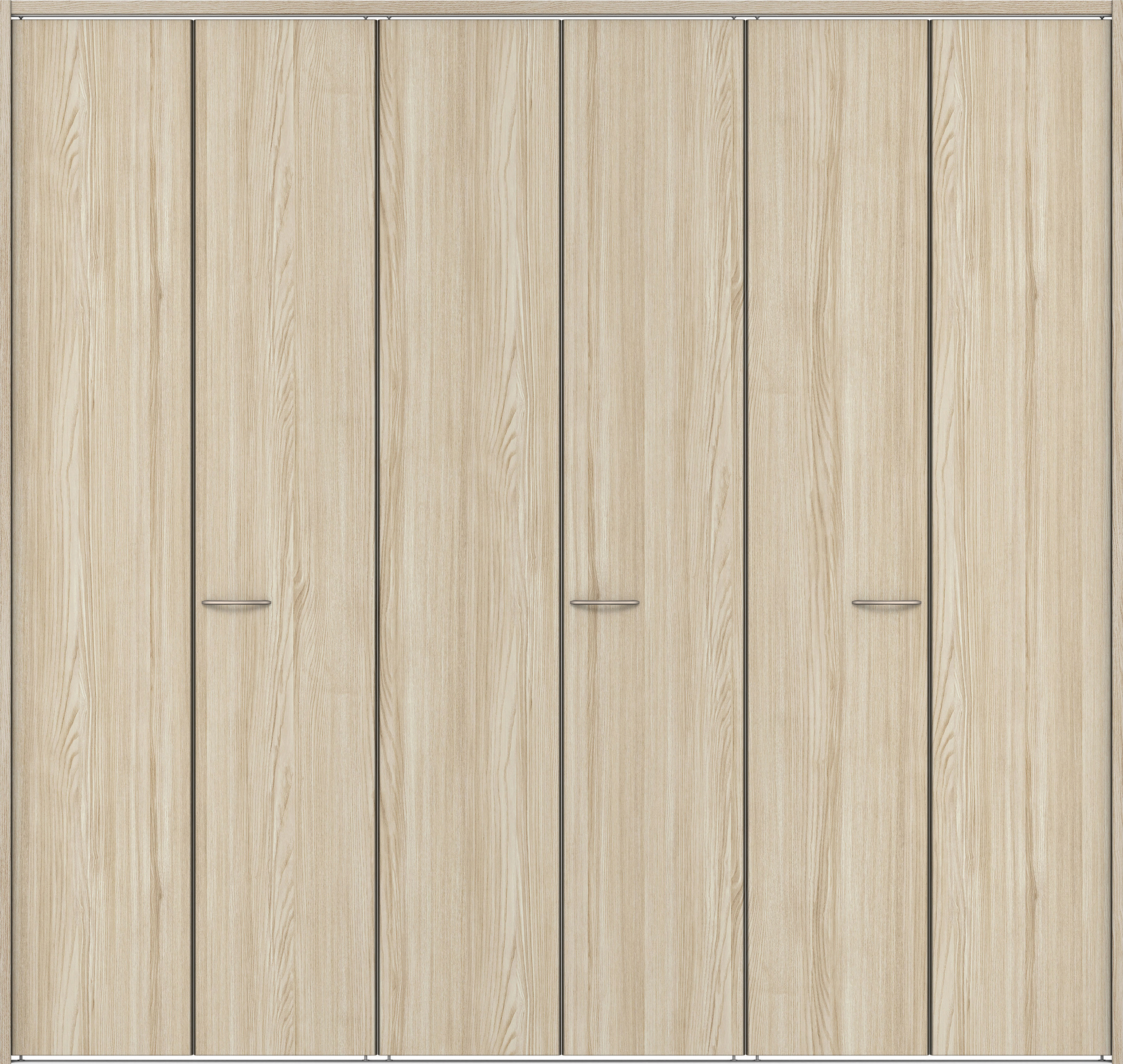 クローク収納　イエリア　折戸ユニット　フラット縦木目タイプ　ウッド扉　下レール付三方枠（固定枠）　セット　２４５０幅（９尺間口）　２３２０高　〈ソフトグレージュ柄〉　ハンドルラウンド型〈Ｔシルバー色〉