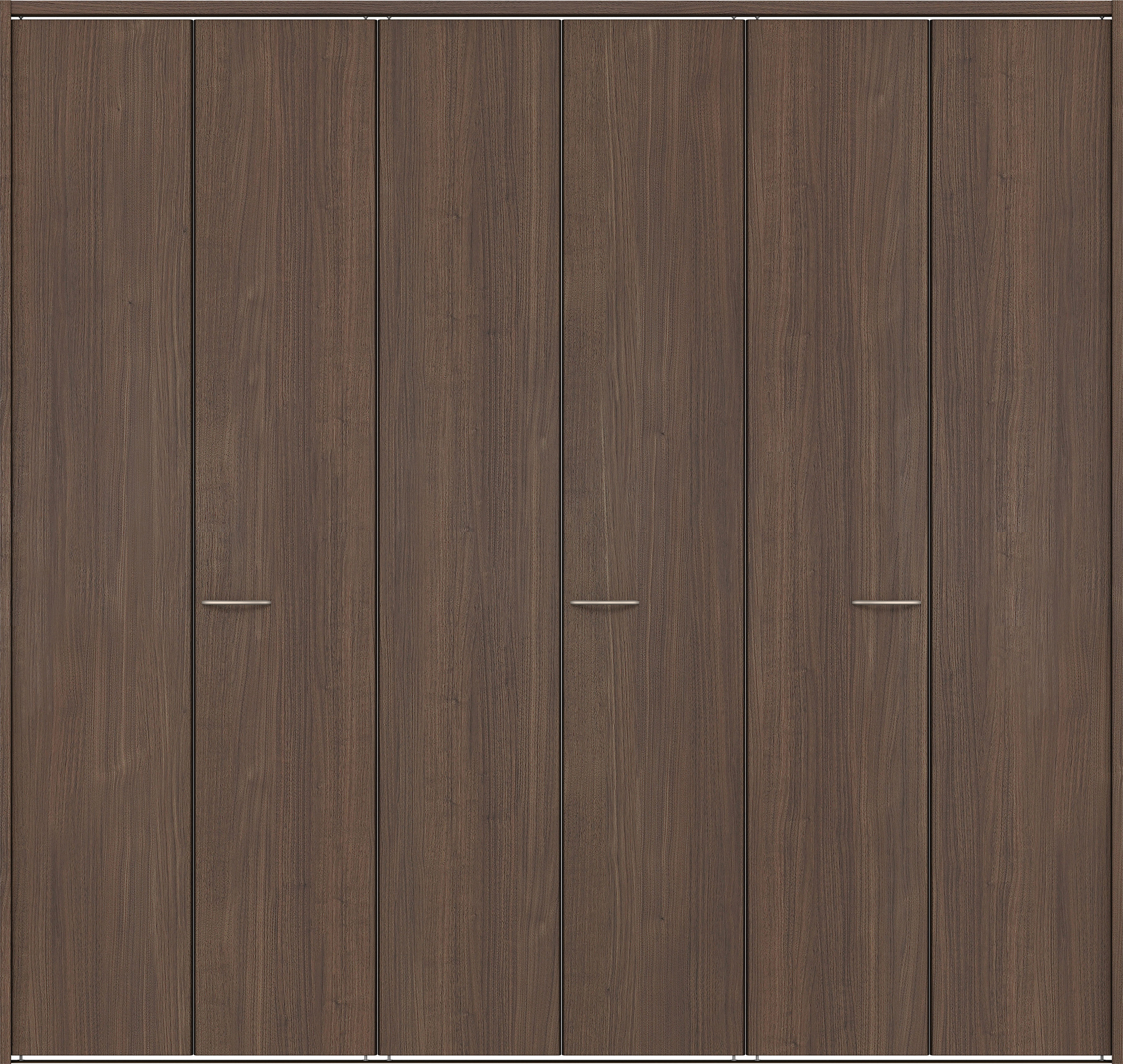 クローク収納　イエリア　折戸ユニット　フラット縦木目タイプ　ウッド扉　下レール付三方枠（固定枠）　セット　２４５０幅（９尺間口）　２３２０高　〈ダルブラウン柄〉　ハンドルラウンド型〈Ｔシルバー色〉