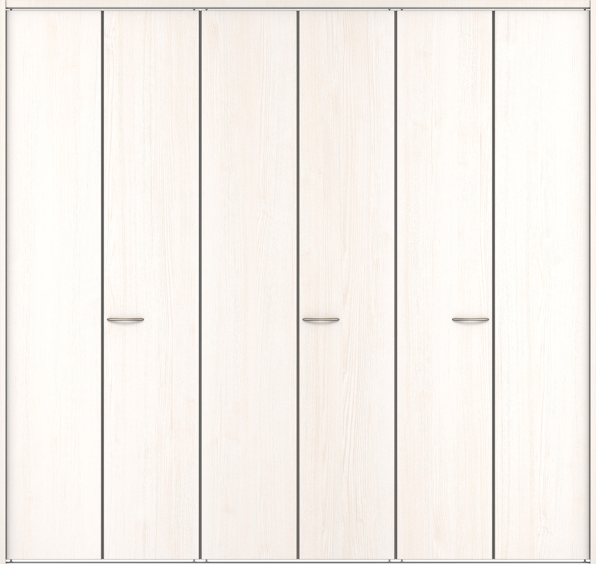 クローク収納　イエリア　折戸ユニット　フラット縦木目タイプ　ウッド扉　下レール付三方枠（固定枠）　セット　２７１４幅（３Ｍ間口）　２３２０高　〈ネオホワイト柄〉　ハンドルラウンド型〈Ｔシルバー色〉