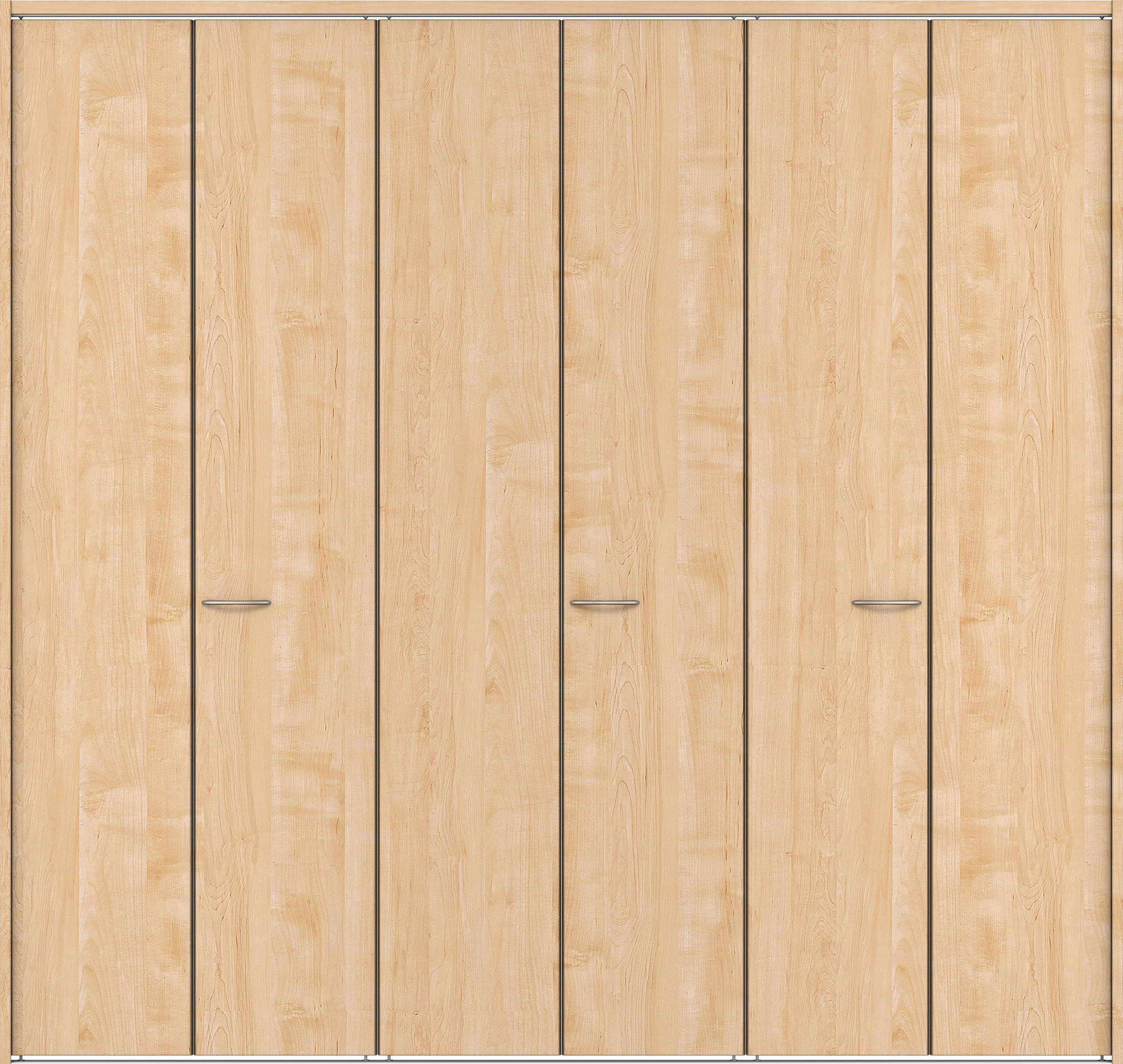 クローク収納　イエリア　折戸ユニット　フラット縦木目タイプ　ウッド扉　下レール付三方枠（固定枠）　セット　２７１４幅（３Ｍ間口）　２３２０高　〈ミルベージュ柄〉　ハンドルラウンド型〈Ｔシルバー色〉