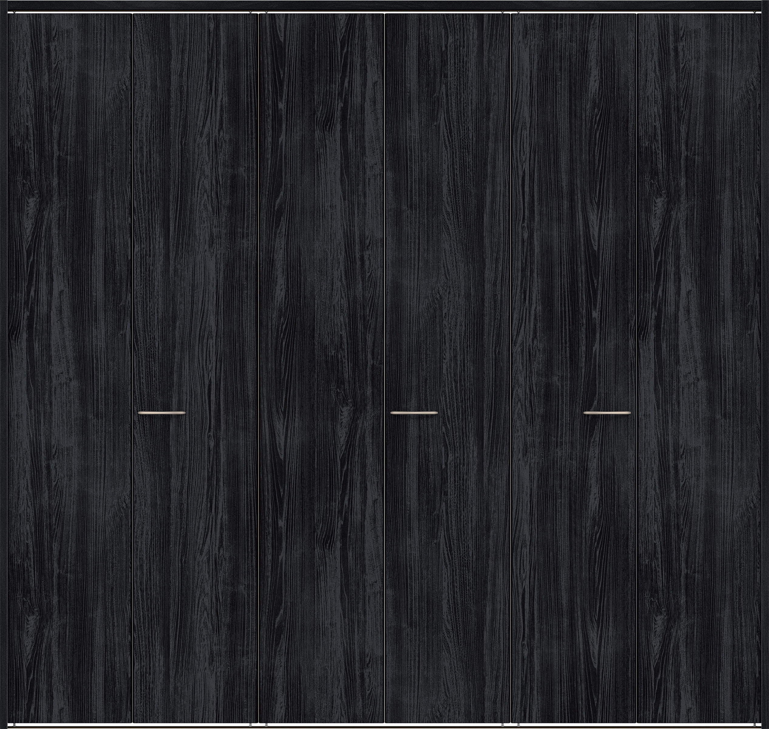 クローク収納　イエリア　折戸ユニット　フラット縦木目タイプ　ウッド扉　下レール付三方枠（固定枠）　セット　２４５０幅（９尺間口）　２３２０高　〈モスブラック柄〉　ハンドルラウンド型〈Ｔシルバー色〉