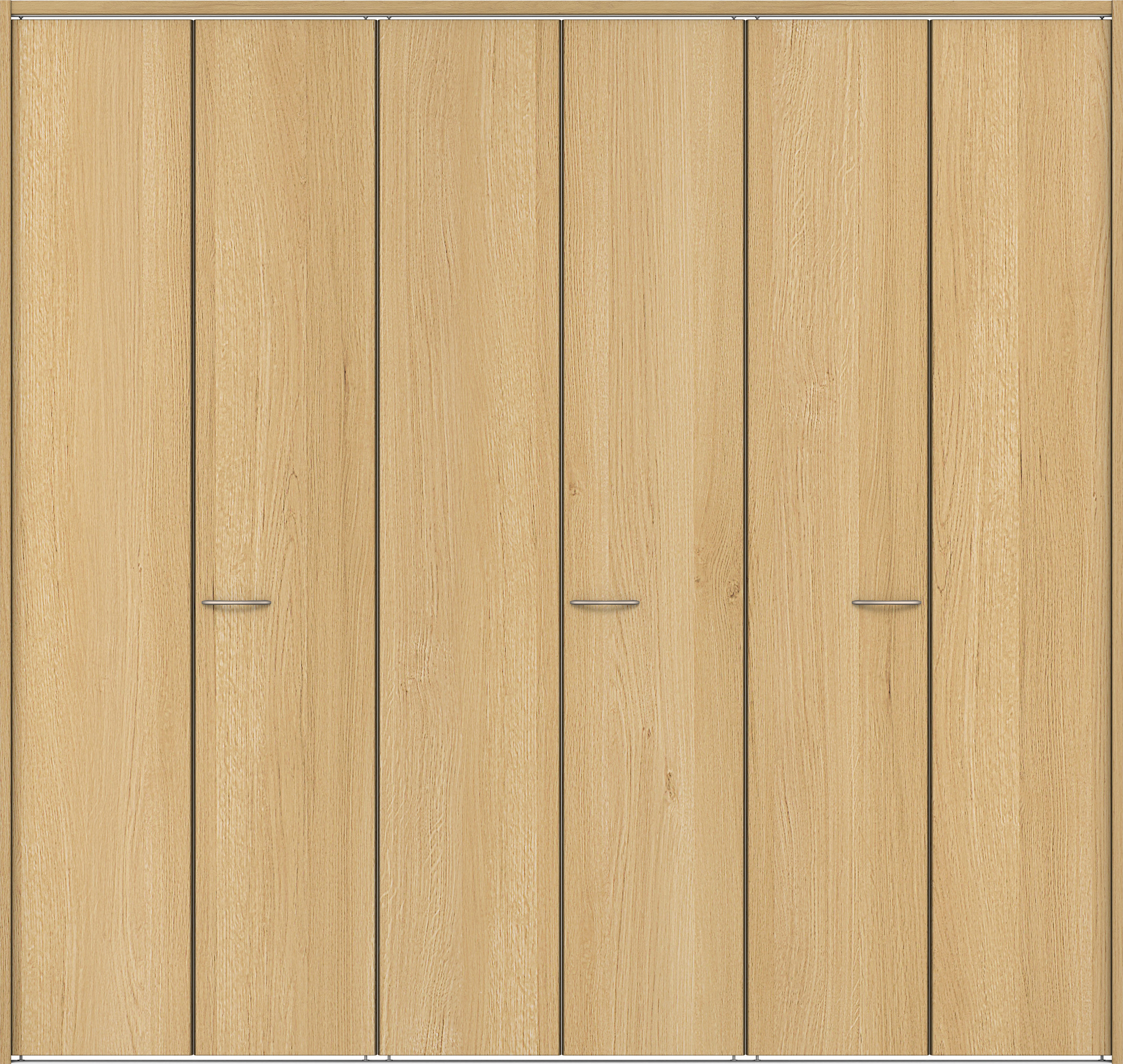 クローク収納　イエリア　折戸ユニット　フラット縦木目タイプ　ウッド扉　下レール付三方枠（固定枠）　セット　２７１４幅（３Ｍ間口）　２３２０高　〈ライトオーカー柄〉　ハンドルラウンド型〈Ｔシルバー色〉