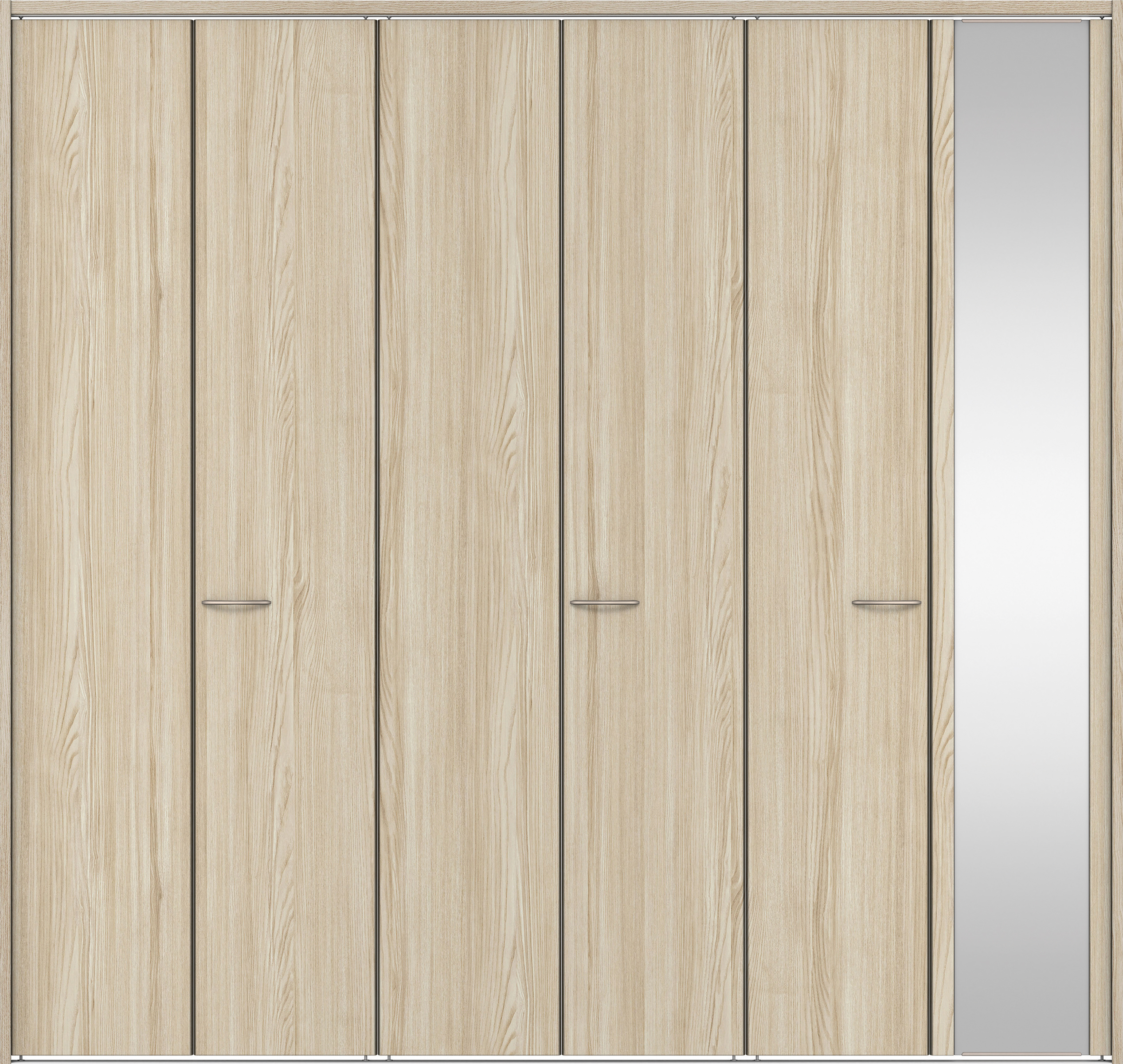 クローク収納　イエリア　折戸ユニット　フラット縦木目タイプ　ミラー扉　下レール付三方枠（固定枠）　セット　２４５０幅（９尺間口）　２３２０高　〈ソフトグレージュ柄〉　ハンドルラウンド型〈Ｔシルバー色〉