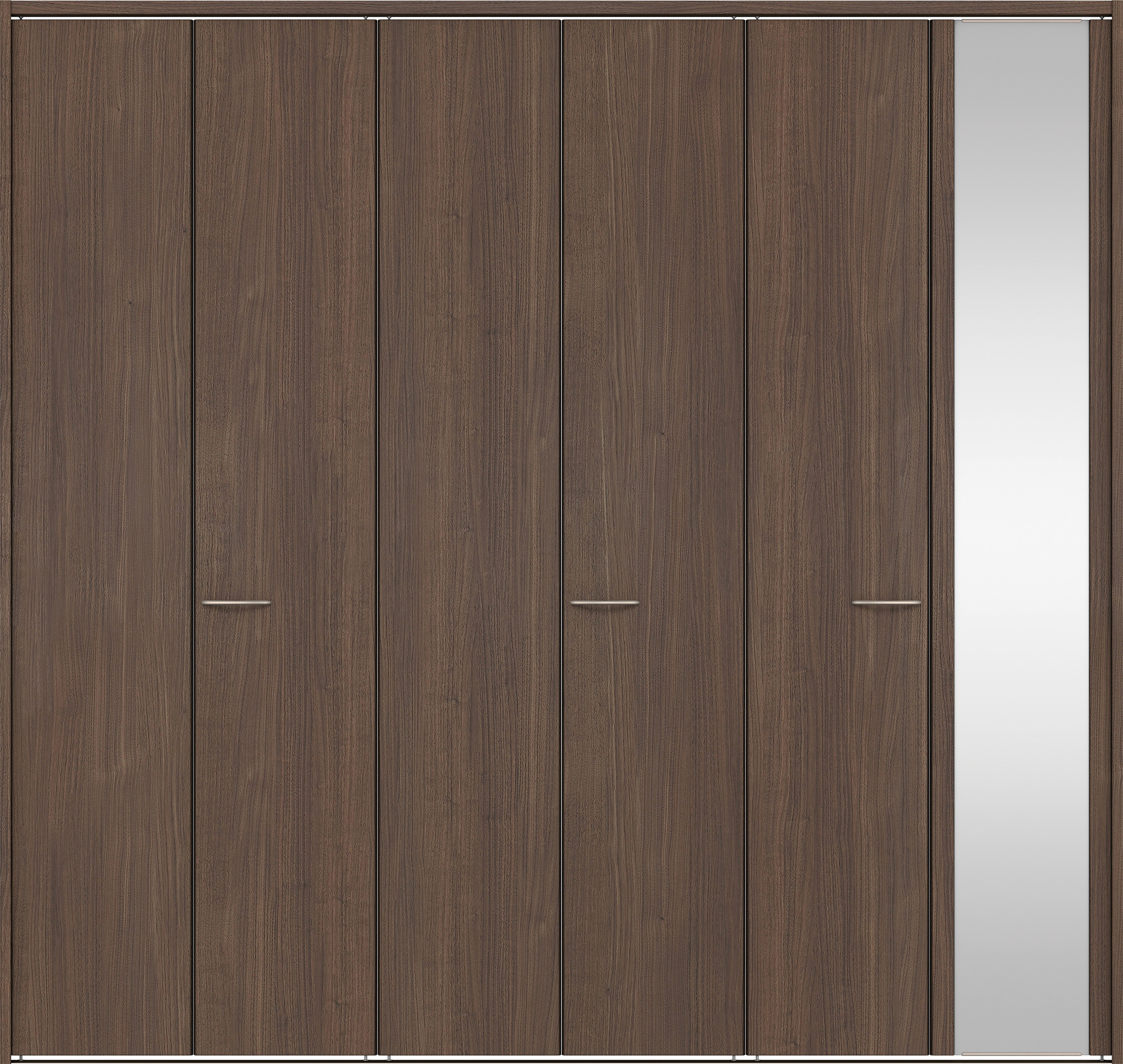 クローク収納　イエリア　折戸ユニット　フラット縦木目タイプ　ミラー扉　下レール付三方枠（固定枠）　セット　２４５０幅（９尺間口）　２３２０高　〈ダルブラウン柄〉　ハンドルラウンド型〈Ｔシルバー色〉
