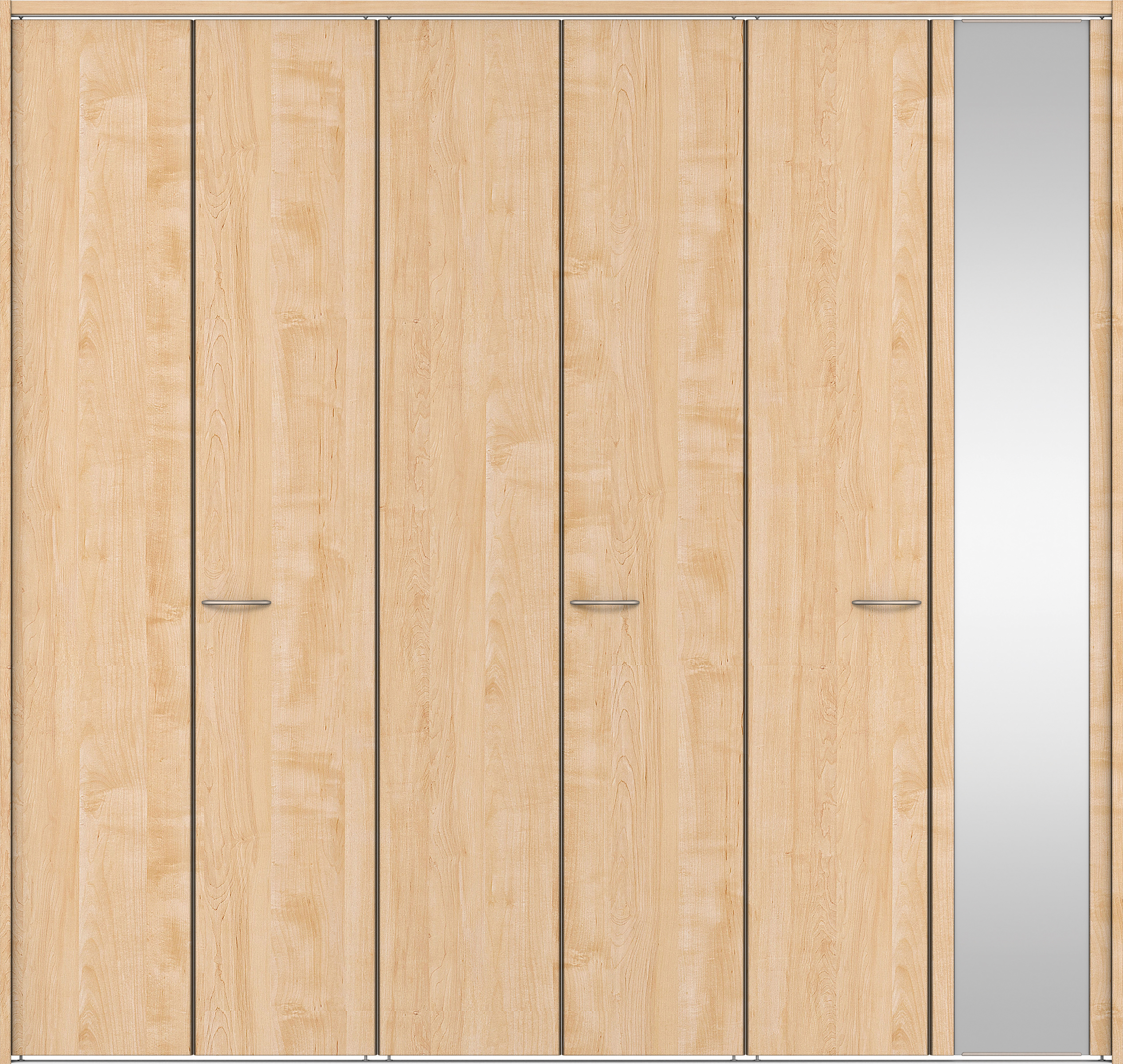 クローク収納　イエリア　折戸ユニット　フラット縦木目タイプ　ミラー扉　下レール付三方枠（固定枠）　セット　２４５０幅（９尺間口）　２３２０高　〈ミルベージュ柄〉　ハンドルラウンド型〈Ｔシルバー色〉