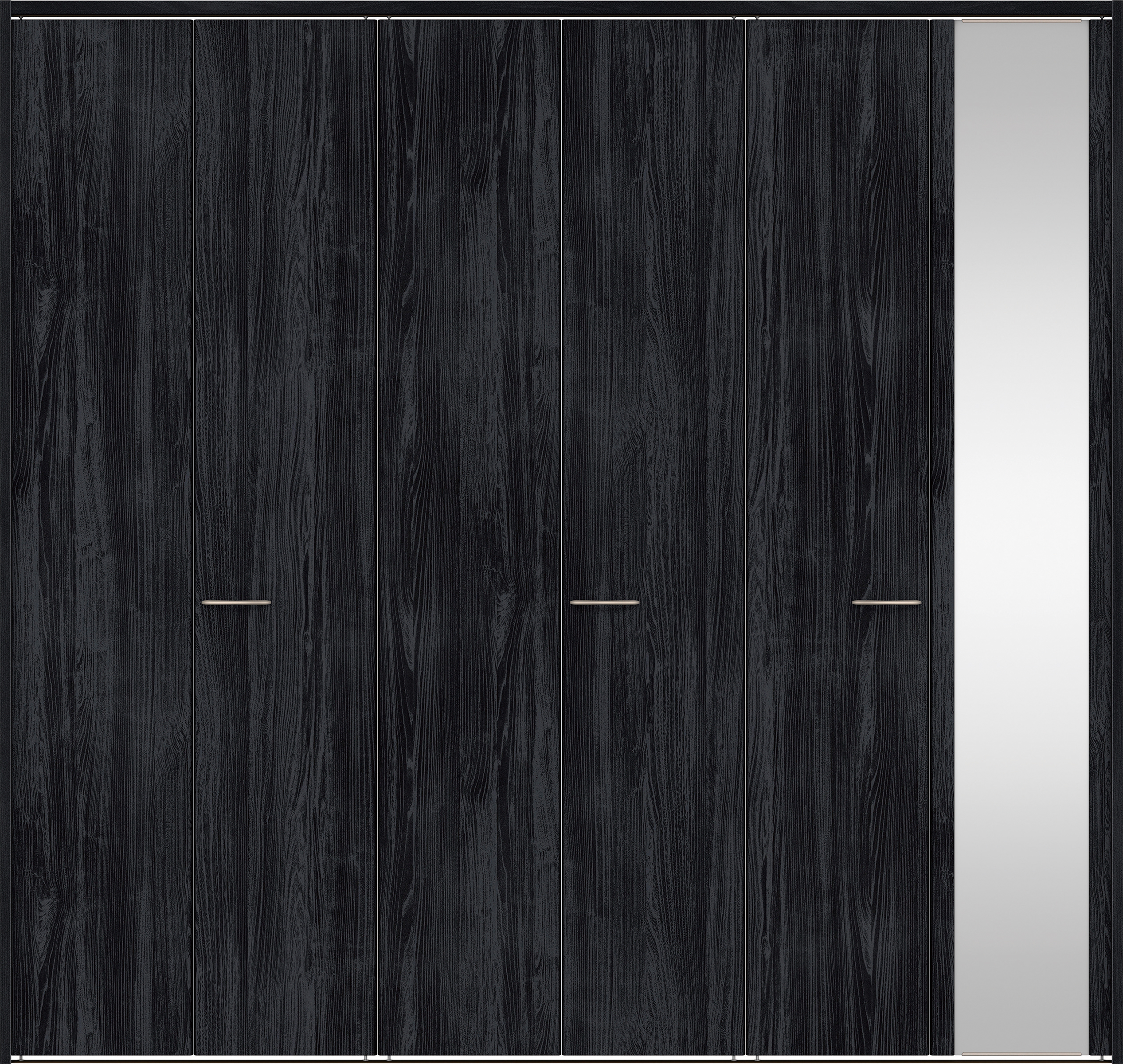 クローク収納　イエリア　折戸ユニット　フラット縦木目タイプ　ミラー扉　下レール付三方枠（固定枠）　セット　２４５０幅（９尺間口）　２３２０高　〈モスブラック柄〉　ハンドルラウンド型〈Ｔシルバー色〉