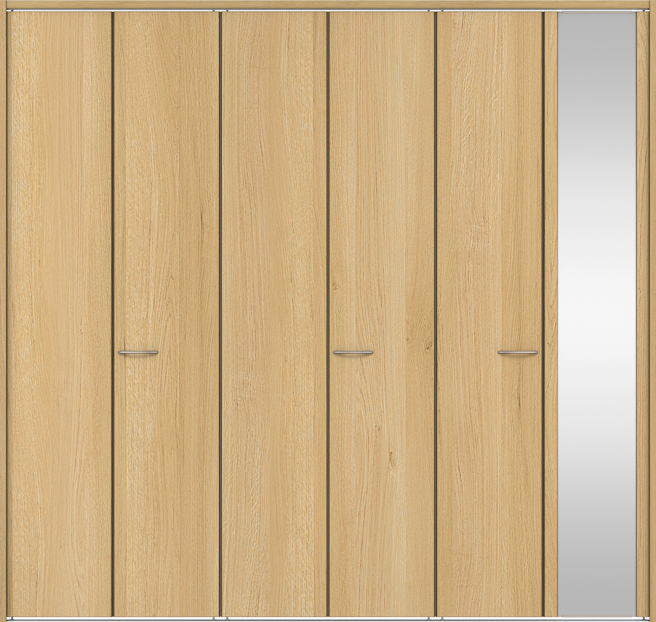 クローク収納　イエリア　折戸ユニット　フラット縦木目タイプ　ミラー扉　下レール付三方枠（固定枠）　セット　２４５０幅（９尺間口）　２３２０高　〈ライトオーカー柄〉　ハンドルラウンド型〈Ｔシルバー色〉