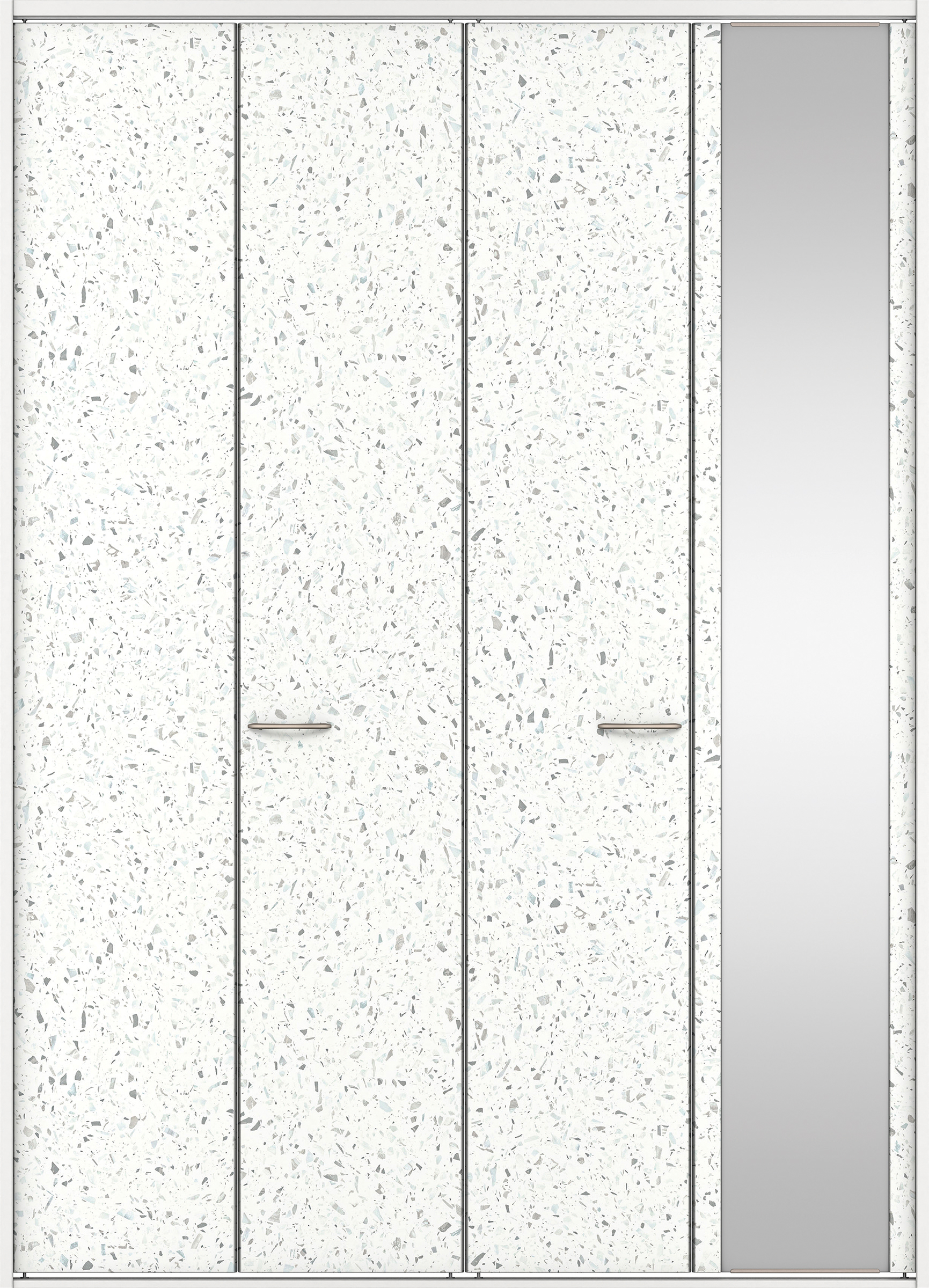 クローク収納　イエリア　折戸ユニット　フラットタイプ　ミラー扉　四方枠（固定枠）　セット　１６８０幅（６尺間口）　２３３０高　〈テラゾホワイト柄〉　ハンドルラウンド型〈サテンニッケル仕上げ〉