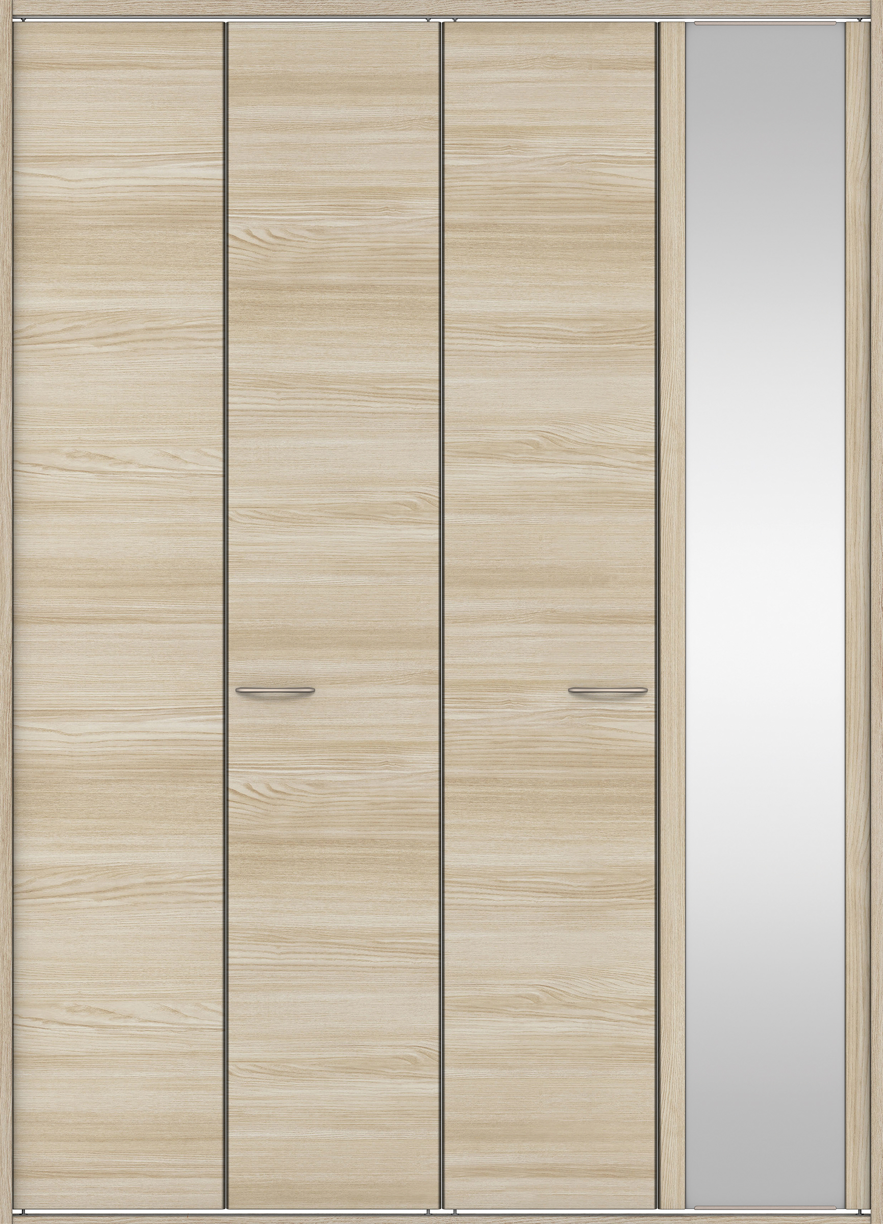 クローク収納　イエリア　折戸ユニット　フラット横木目タイプ　ミラー扉　四方枠（固定枠）　セット　１８２０幅（２Ｍ間口）　２３３０高　〈ソフトグレージュ柄〉　ハンドルラウンド型〈Ｔシルバー色〉