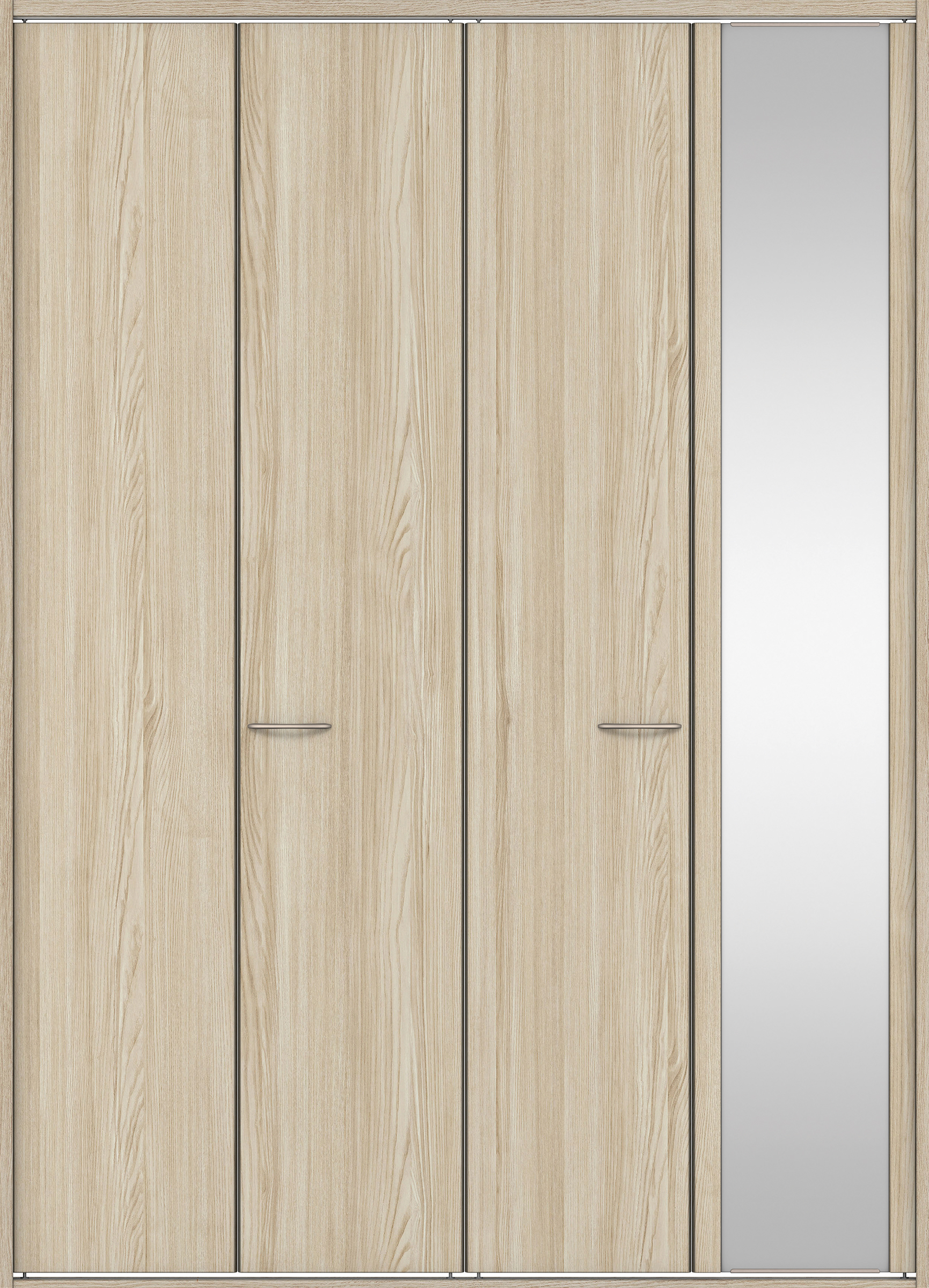 クローク収納　イエリア　折戸ユニット　フラット縦木目タイプ　ミラー扉　四方枠（固定枠）　セット　１８２０幅（２Ｍ間口）　２３３０高　〈ソフトグレージュ柄〉　ハンドルラウンド型〈Ｔシルバー色〉