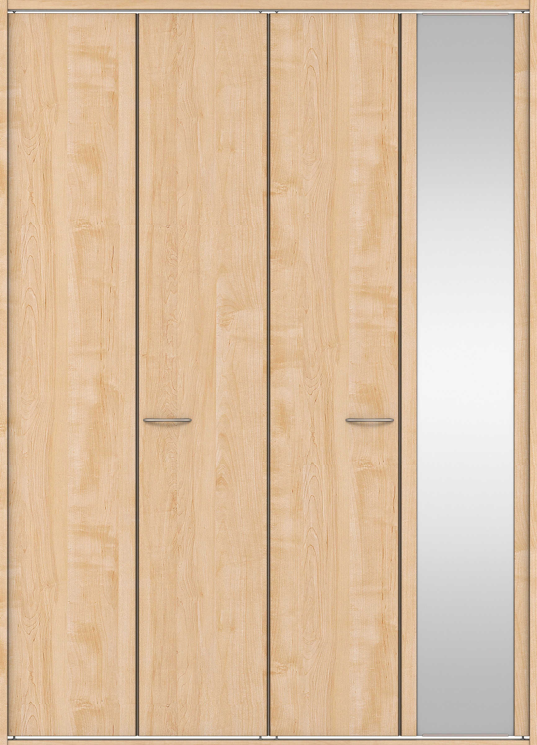 クローク収納　イエリア　折戸ユニット　フラット縦木目タイプ　ミラー扉　四方枠（固定枠）　セット　１８２０幅（２Ｍ間口）　２３３０高　〈ミルベージュ柄〉　ハンドルラウンド型〈Ｔシルバー色〉