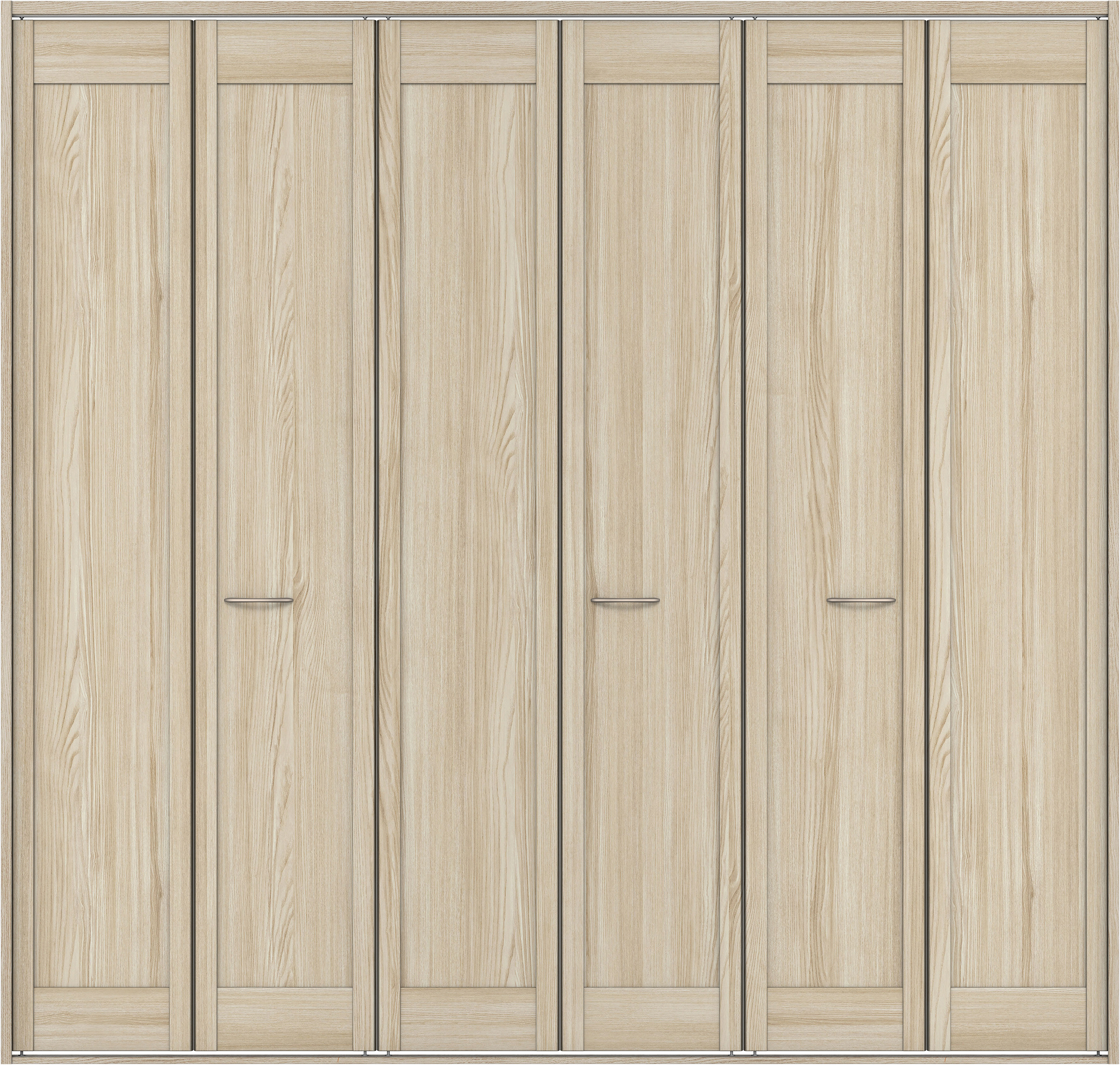 クローク収納　イエリア　折戸ユニット　カマチタイプ　ウッド扉　四方枠（固定枠）　セット　２４５０幅（９尺間口）　２３３０高　〈ソフトグレージュ柄〉　ハンドルラウンド型〈Ｔシルバー色〉