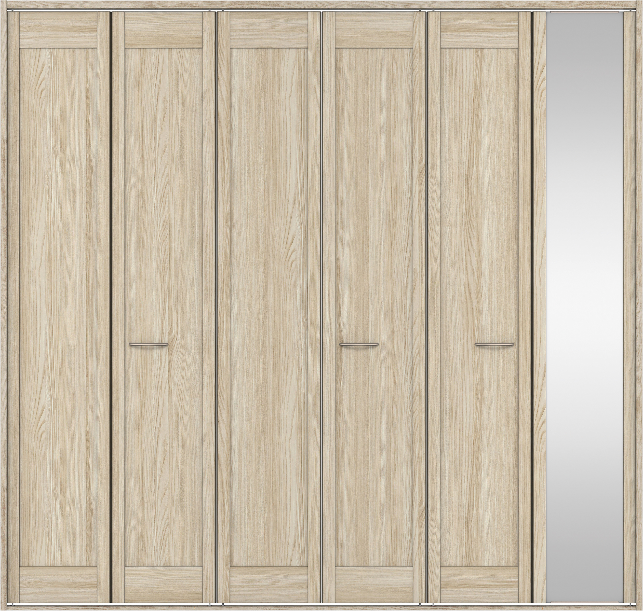 クローク収納　イエリア　折戸ユニット　カマチタイプ　ミラー扉　四方枠（固定枠）　セット　２４５０幅（９尺間口）　２３３０高　〈ソフトグレージュ柄〉　ハンドルラウンド型〈Ｔシルバー色〉