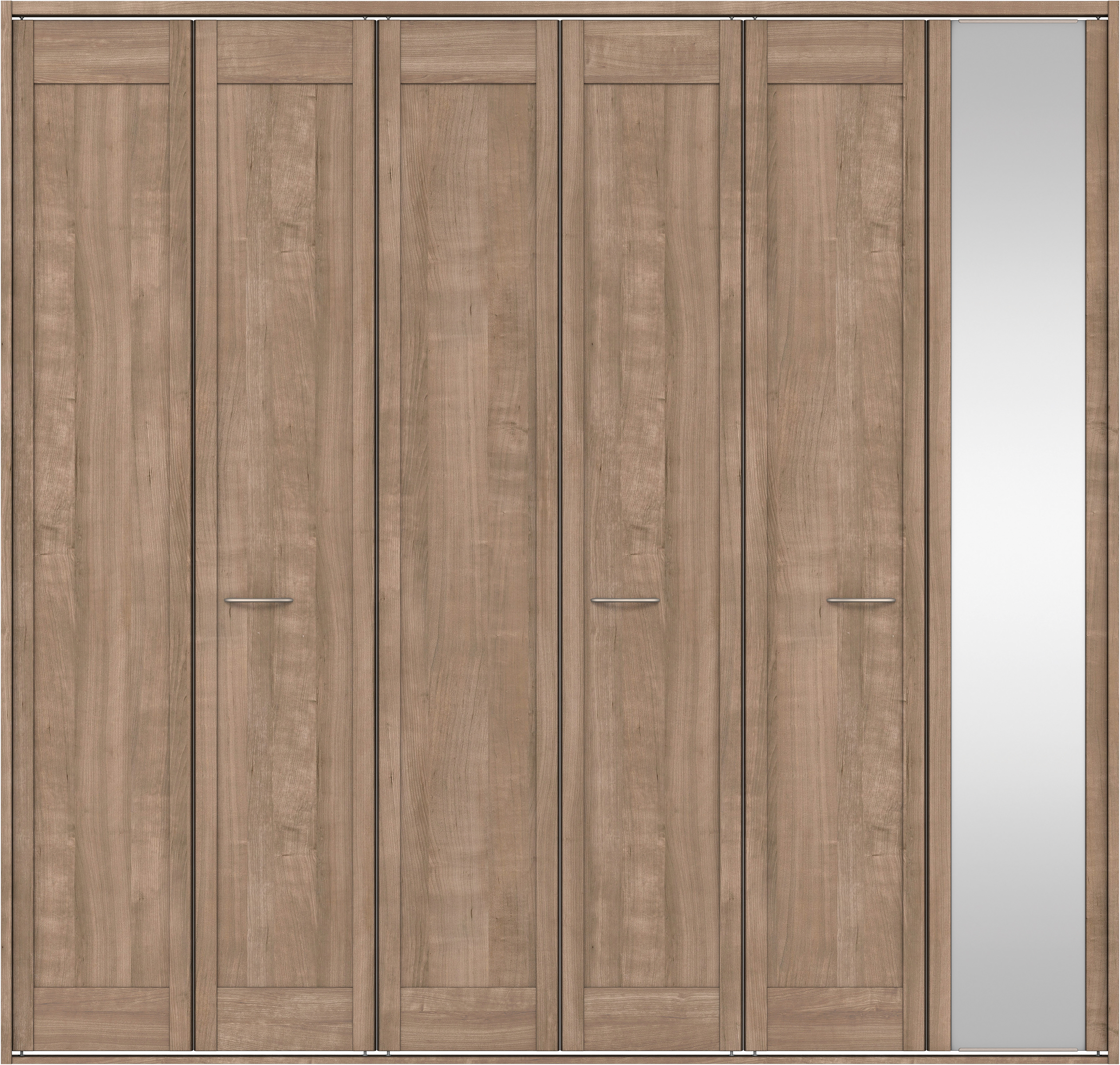 クローク収納　イエリア　折戸ユニット　カマチタイプ　ミラー扉　四方枠（固定枠）　セット　２４５０幅（９尺間口）　２３３０高　〈トープグレー柄〉　ハンドルラウンド型〈Ｔシルバー色〉