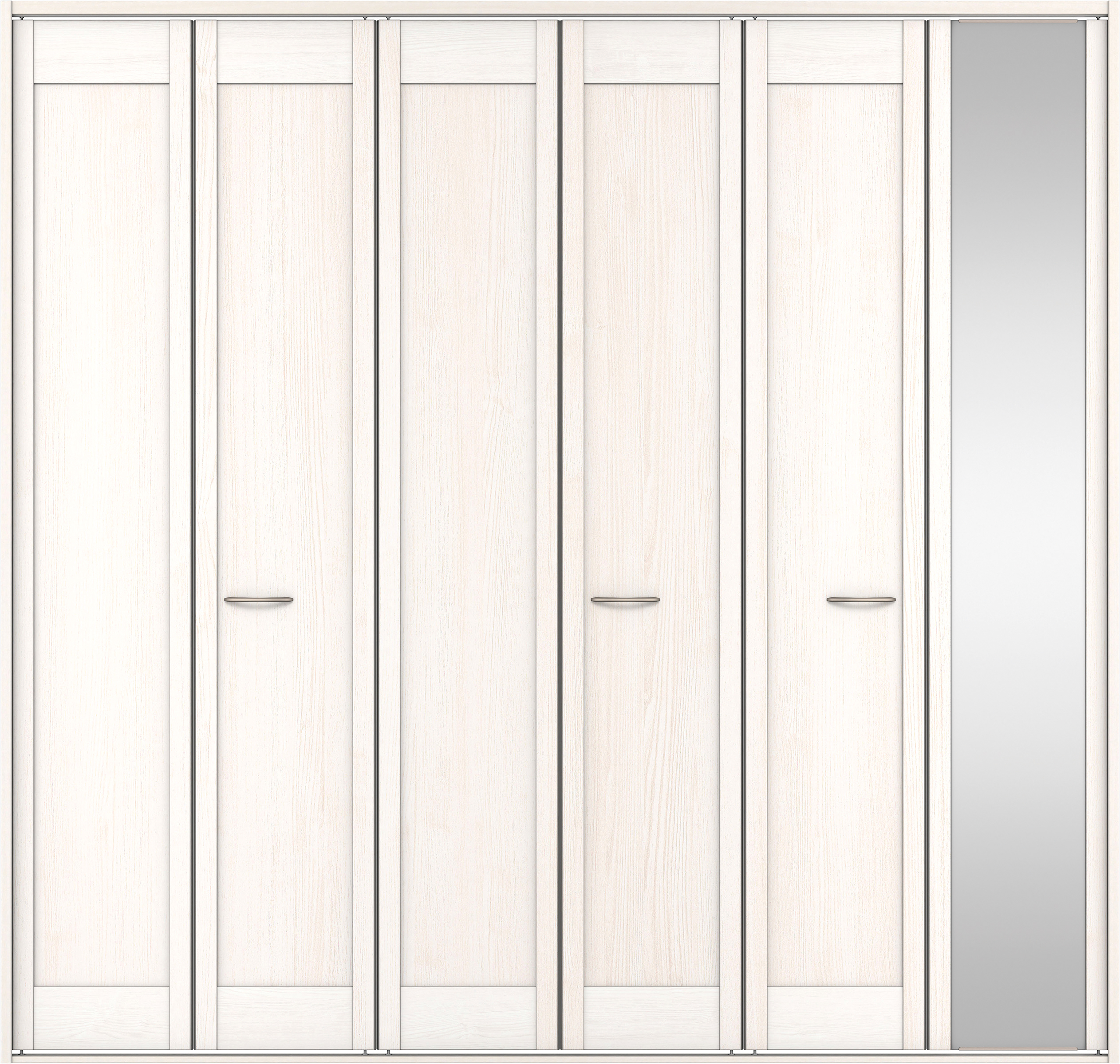 クローク収納　イエリア　折戸ユニット　カマチタイプ　ミラー扉　四方枠（固定枠）　セット　２４５０幅（９尺間口）　２３３０高　〈ネオホワイト柄〉　ハンドルラウンド型〈Ｔシルバー色〉