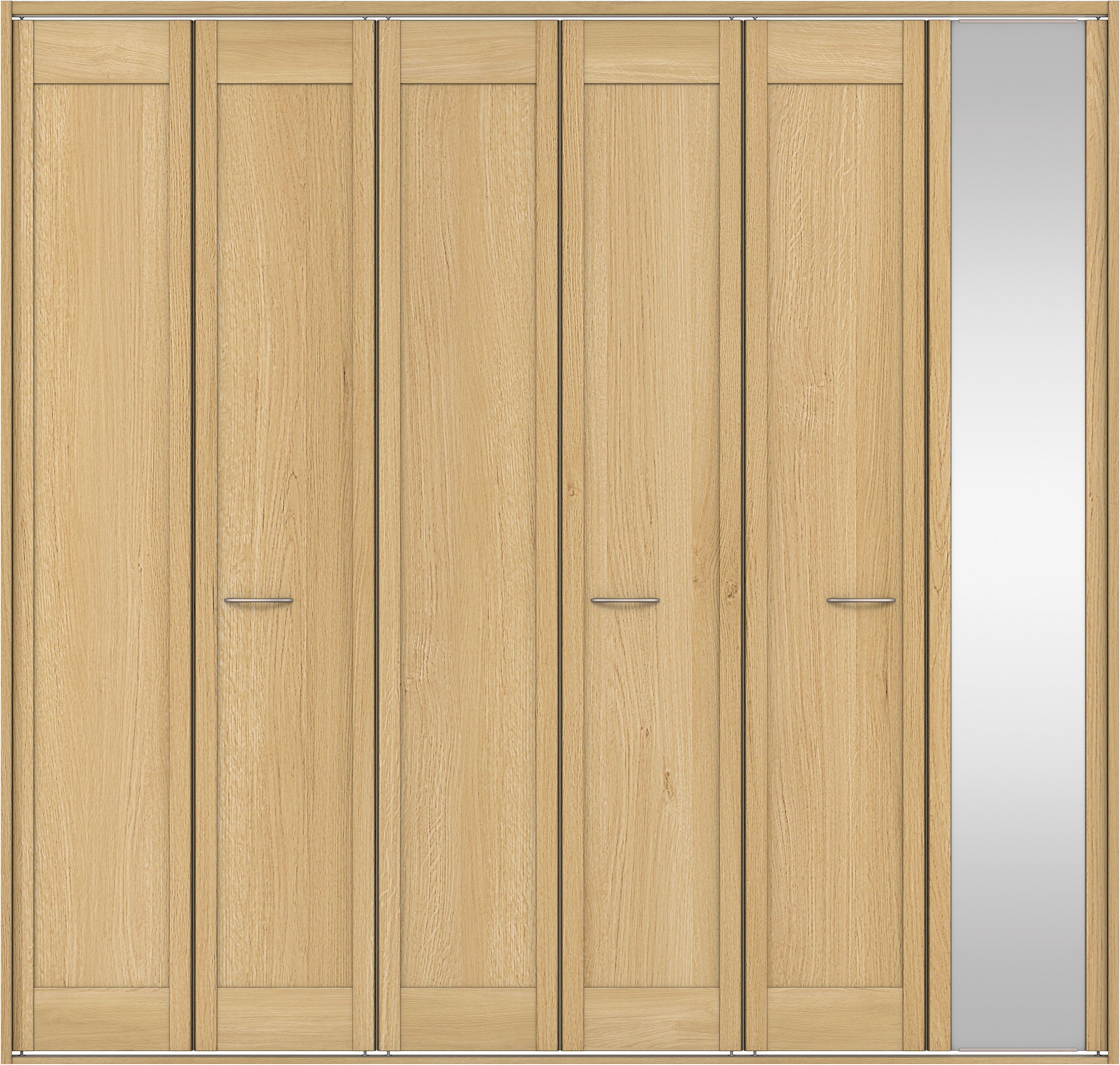 クローク収納　イエリア　折戸ユニット　カマチタイプ　ミラー扉　四方枠（固定枠）　セット　２４５０幅（９尺間口）　２３３０高　〈ライトオーカー柄〉　ハンドルラウンド型〈Ｔシルバー色〉