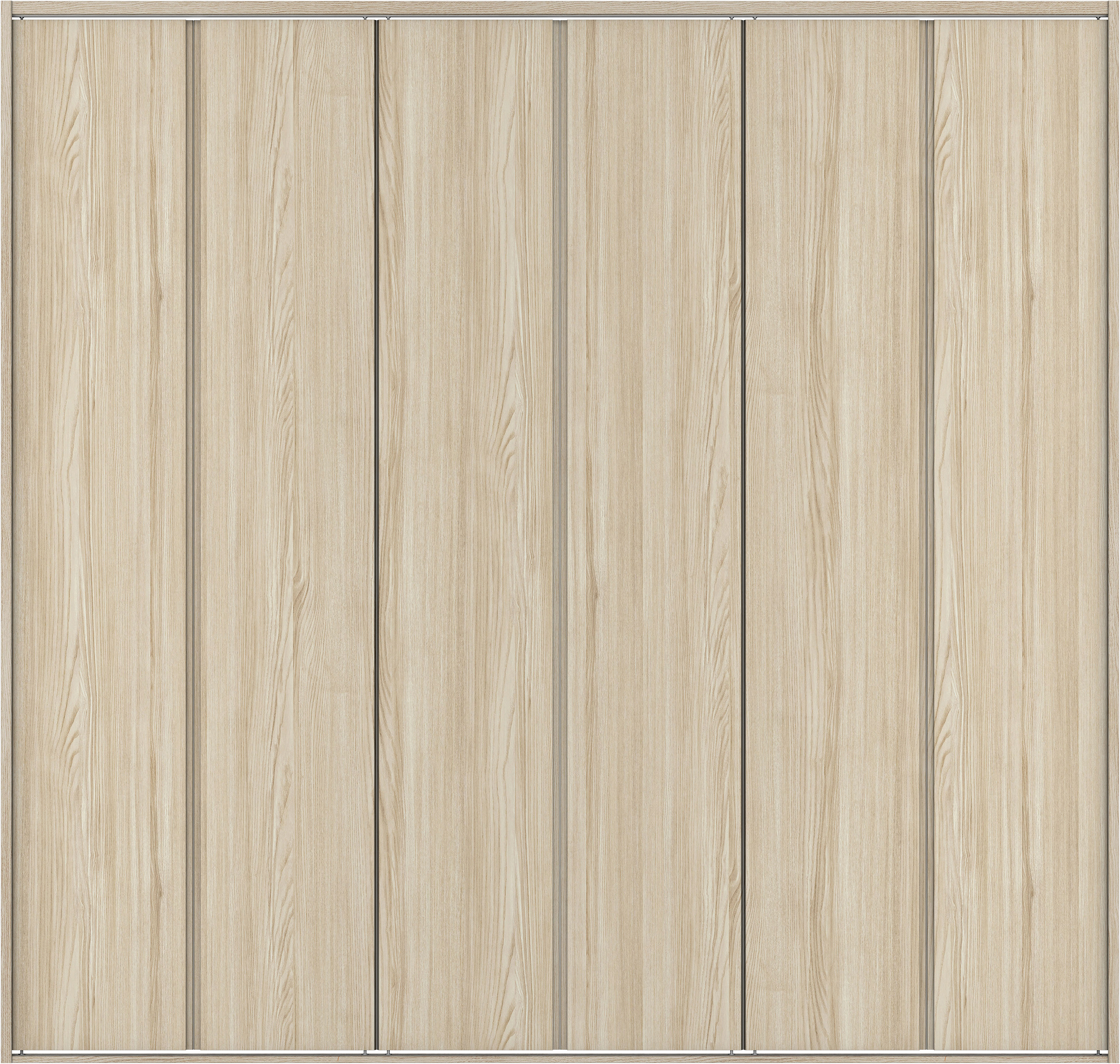 クローク収納　イエリア　折戸ユニット　ハンドルレス縦木目タイプ　ウッド扉　四方枠（固定枠）　セット　２４５０幅（９尺間口）　２３３０高　〈ソフトグレージュ柄〉　ハンドルレス