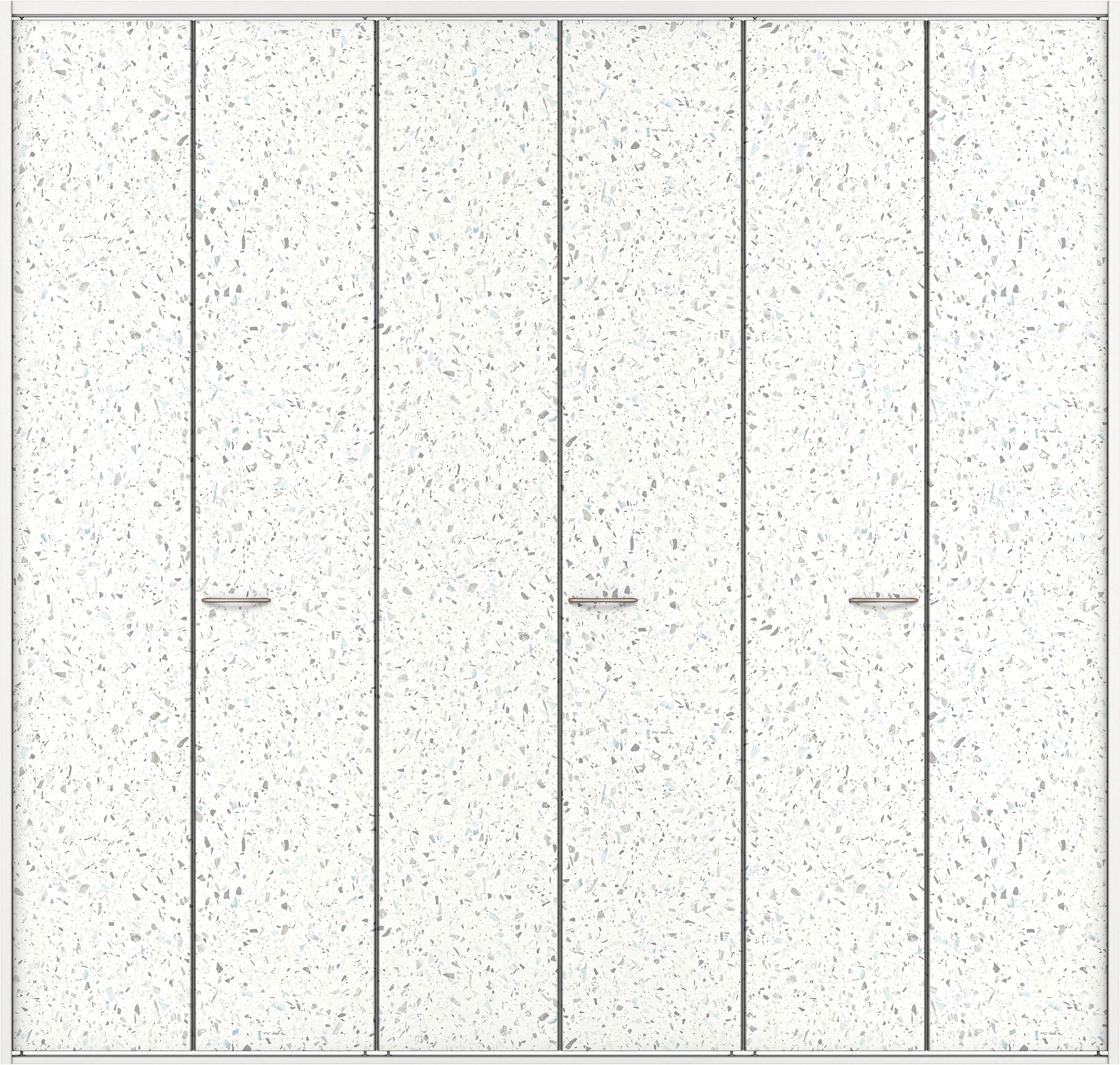 クローク収納　イエリア　折戸ユニット　フラットタイプ　パネル扉　四方枠（固定枠）　セット　２４５０幅（９尺間口）　２３３０高　〈テラゾホワイト柄〉　ハンドル角型〈Ｔシルバー色〉