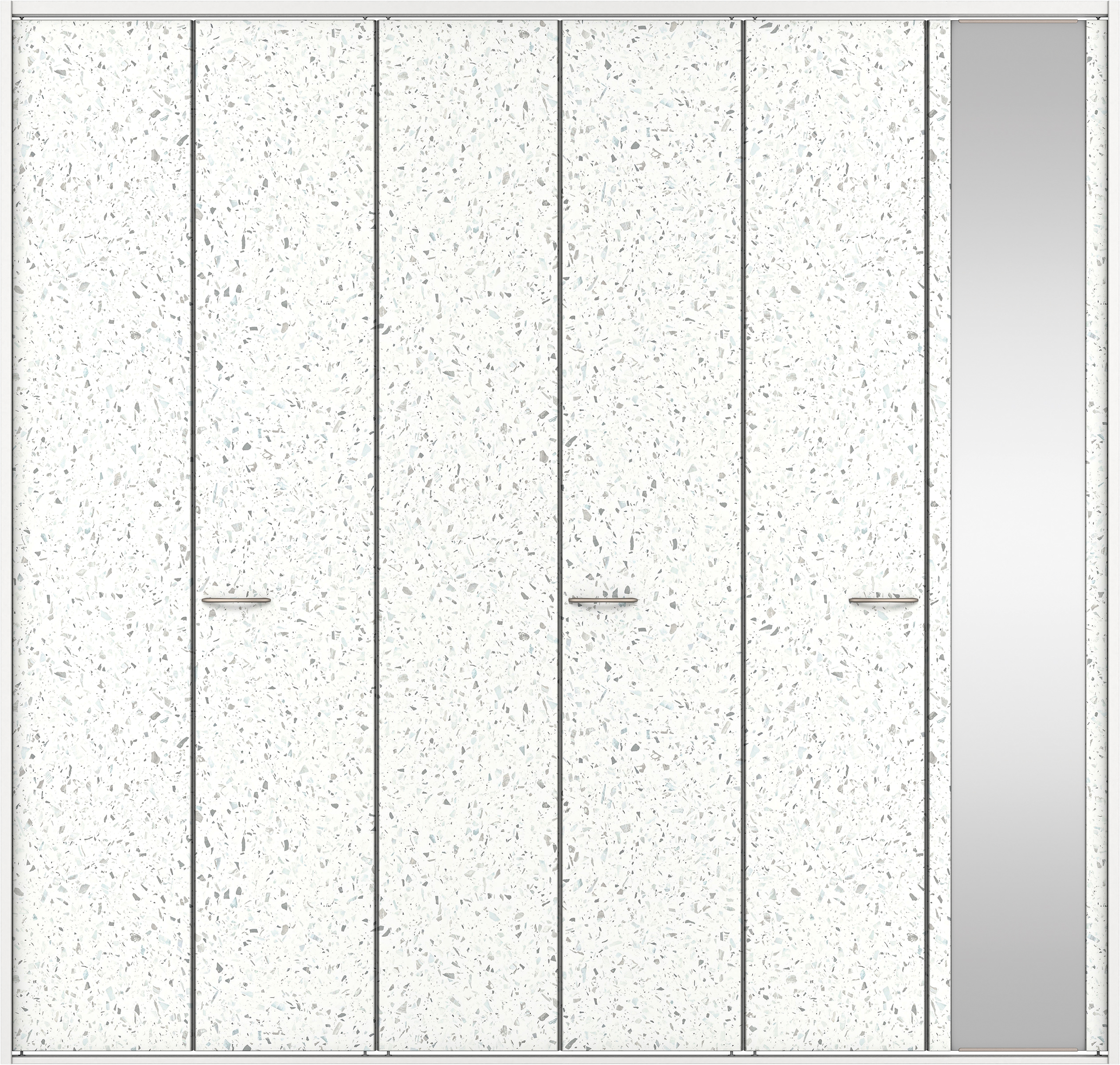 クローク収納　イエリア　折戸ユニット　フラットタイプ　ミラー扉　四方枠（固定枠）　セット　２４５０幅（９尺間口）　２３３０高　〈テラゾホワイト柄〉　ハンドルラウンド型〈ブラック色〉