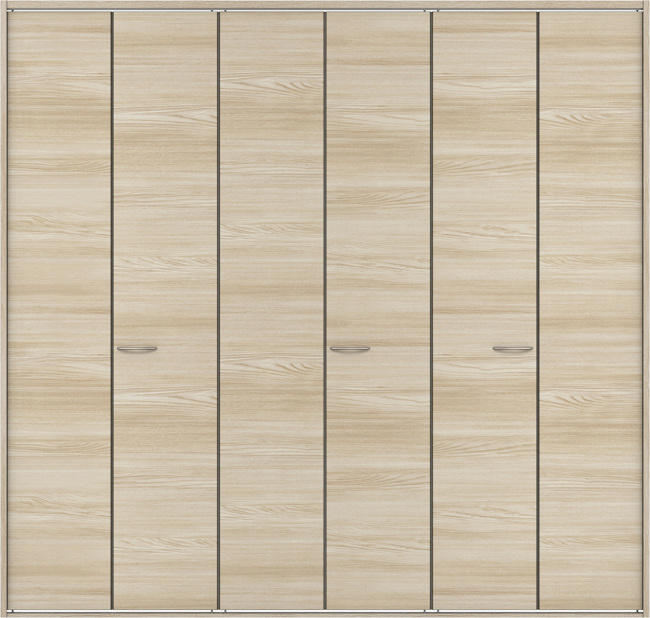 クローク収納　イエリア　折戸ユニット　フラット横木目タイプ　ウッド扉　四方枠（固定枠）　セット　２７１４幅（３Ｍ間口）　２３３０高　〈ソフトグレージュ柄〉　ハンドルラウンド型〈Ｔシルバー色〉