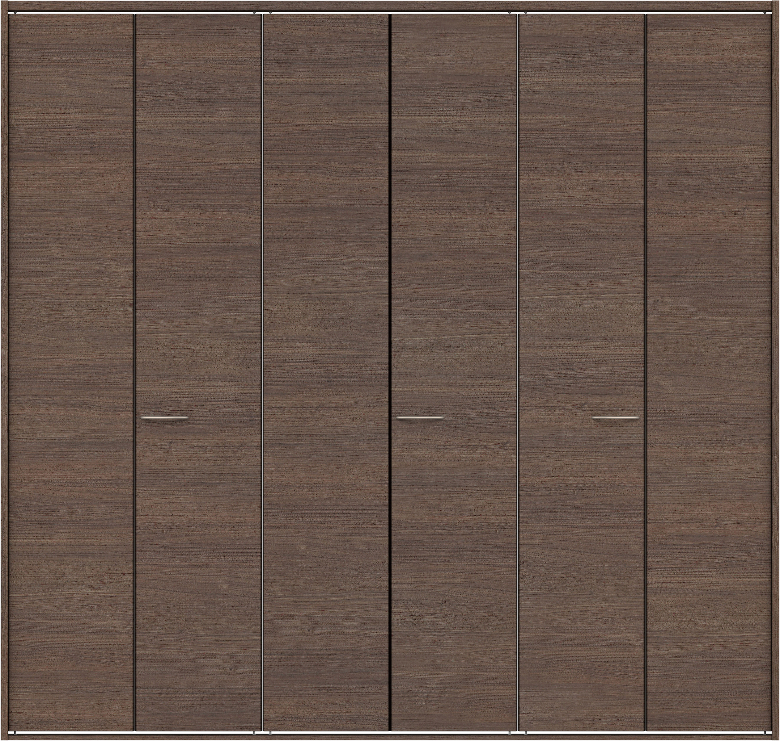 クローク収納　イエリア　折戸ユニット　フラット横木目タイプ　ウッド扉　四方枠（固定枠）　セット　２７１４幅（３Ｍ間口）　２３３０高　〈ダルブラウン柄〉　ハンドルラウンド型〈Ｔシルバー色〉