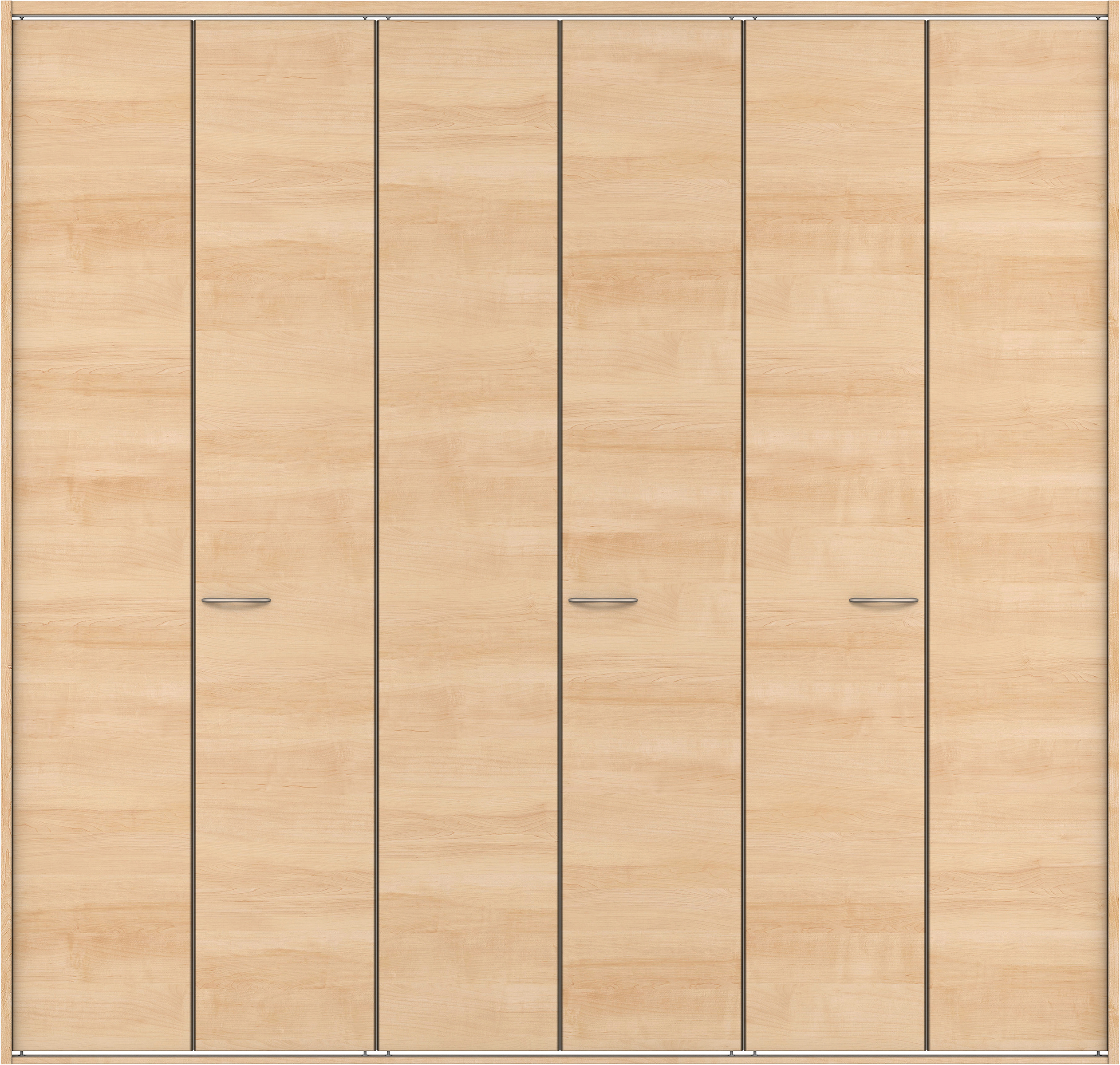 クローク収納　イエリア　折戸ユニット　フラット横木目タイプ　ウッド扉　四方枠（固定枠）　セット　２７１４幅（３Ｍ間口）　２３３０高　〈ミルベージュ柄〉　ハンドルラウンド型〈Ｔシルバー色〉