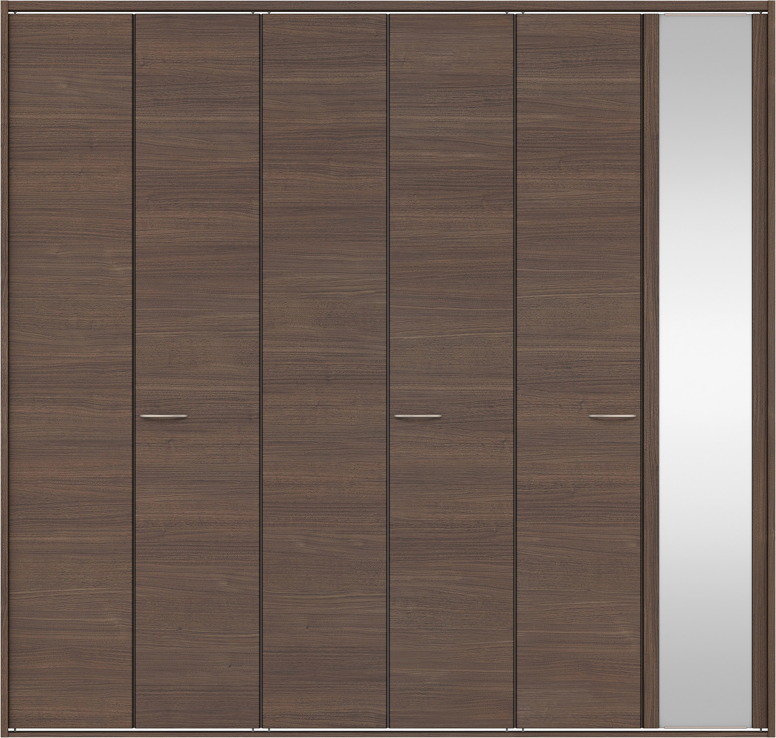 クローク収納　イエリア　折戸ユニット　フラット横木目タイプ　ミラー扉　四方枠（固定枠）　セット　２７１４幅（３Ｍ間口）　２３３０高　〈ダルブラウン柄〉　ハンドルラウンド型〈Ｔシルバー色〉