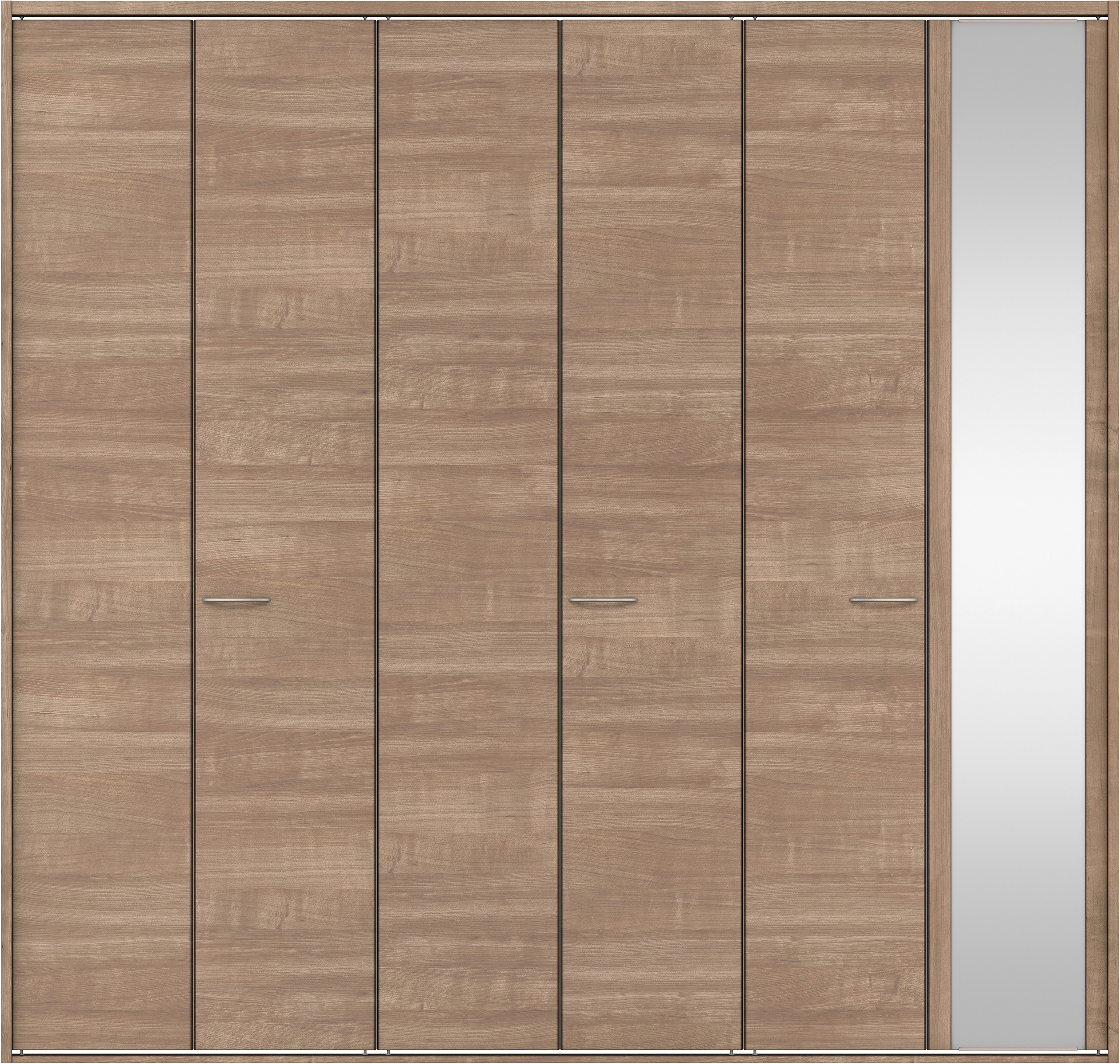クローク収納　イエリア　折戸ユニット　フラット横木目タイプ　ミラー扉　四方枠（固定枠）　セット　２７１４幅（３Ｍ間口）　２３３０高　〈トープグレー柄〉　ハンドルラウンド型〈Ｔシルバー色〉