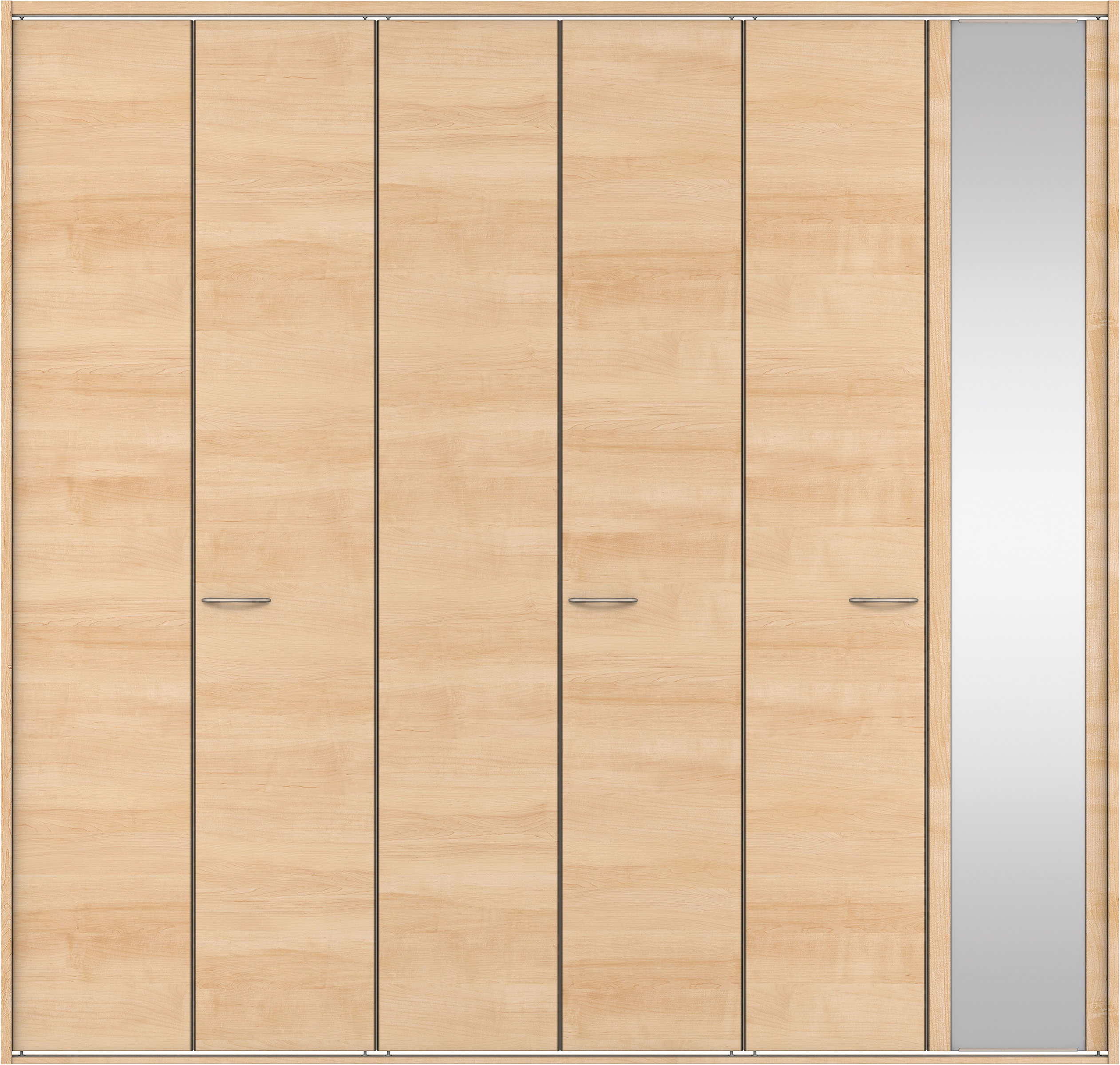 クローク収納　イエリア　折戸ユニット　フラット横木目タイプ　ミラー扉　四方枠（固定枠）　セット　２７１４幅（３Ｍ間口）　２３３０高　〈ミルベージュ柄〉　ハンドルラウンド型〈Ｔシルバー色〉