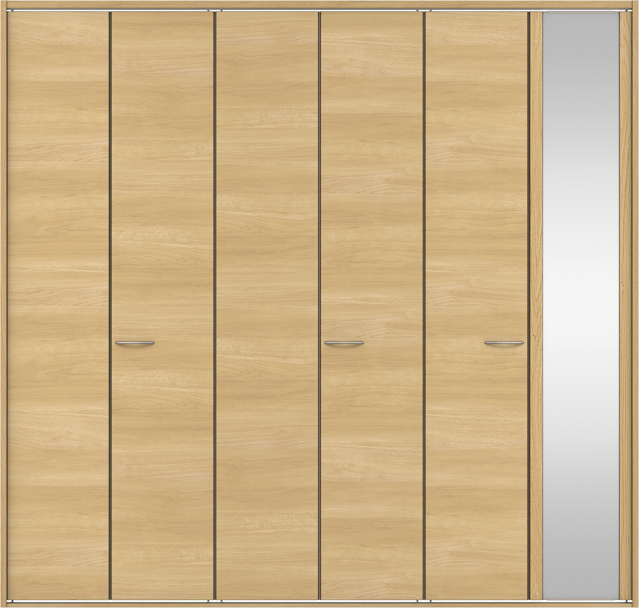 クローク収納　イエリア　折戸ユニット　フラット横木目タイプ　ミラー扉　四方枠（固定枠）　セット　２７１４幅（３Ｍ間口）　２３３０高　〈ライトオーカー柄〉　ハンドルラウンド型〈Ｔシルバー色〉